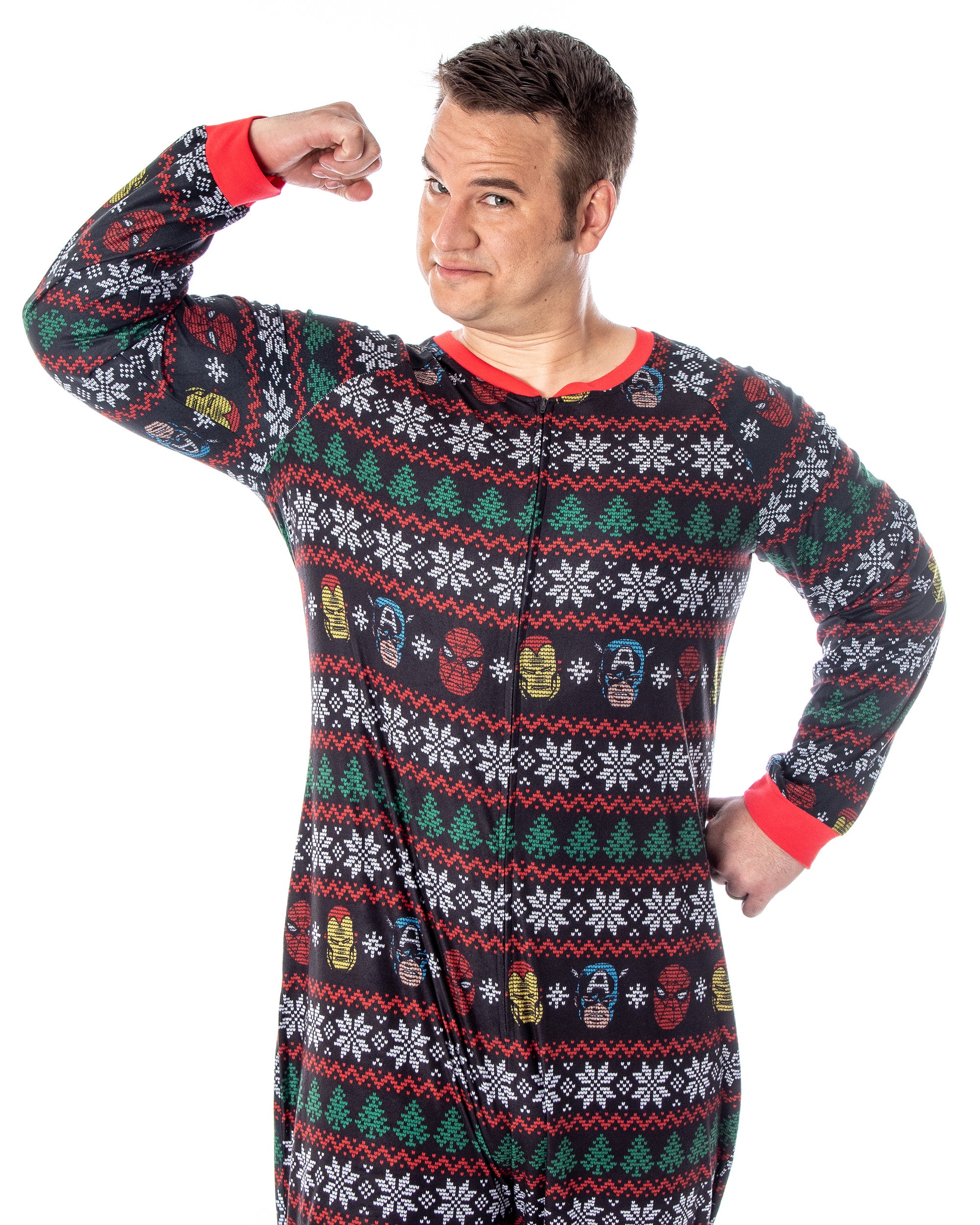 Marvel Adult Superhero Trio Ugly Sweater Print One Piece Pajama Union Suit
