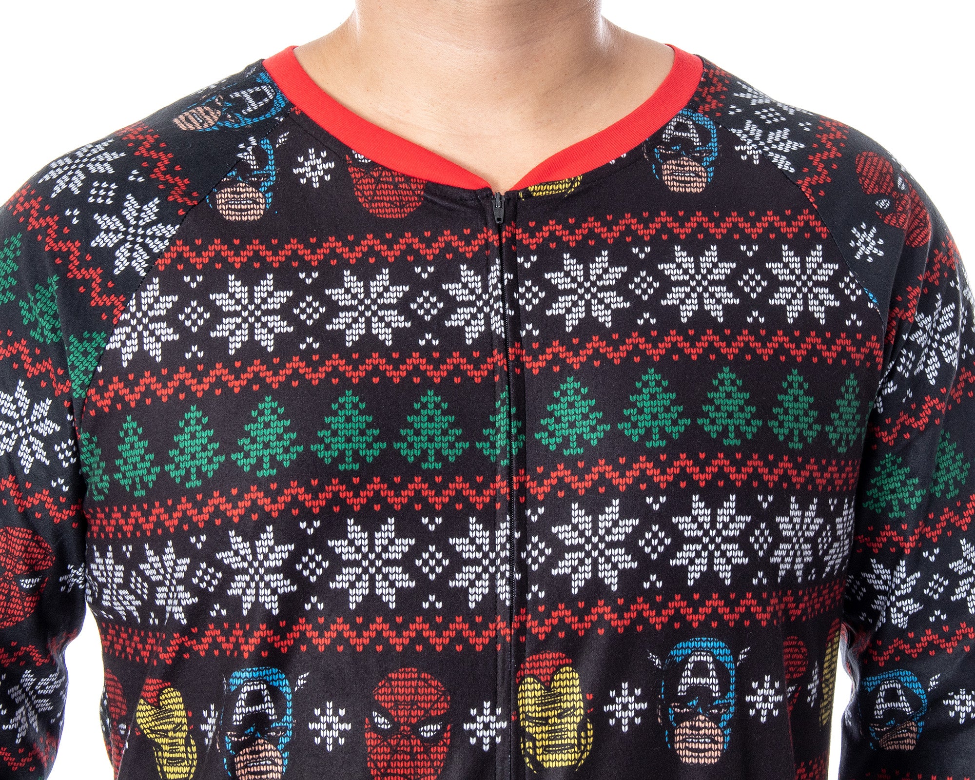 Marvel Adult Superhero Trio Ugly Sweater Print One Piece Pajama Union Suit