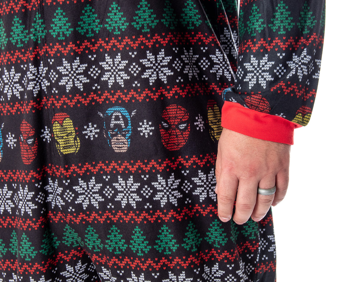 Marvel Adult Superhero Trio Ugly Sweater Print One Piece Pajama Union Suit
