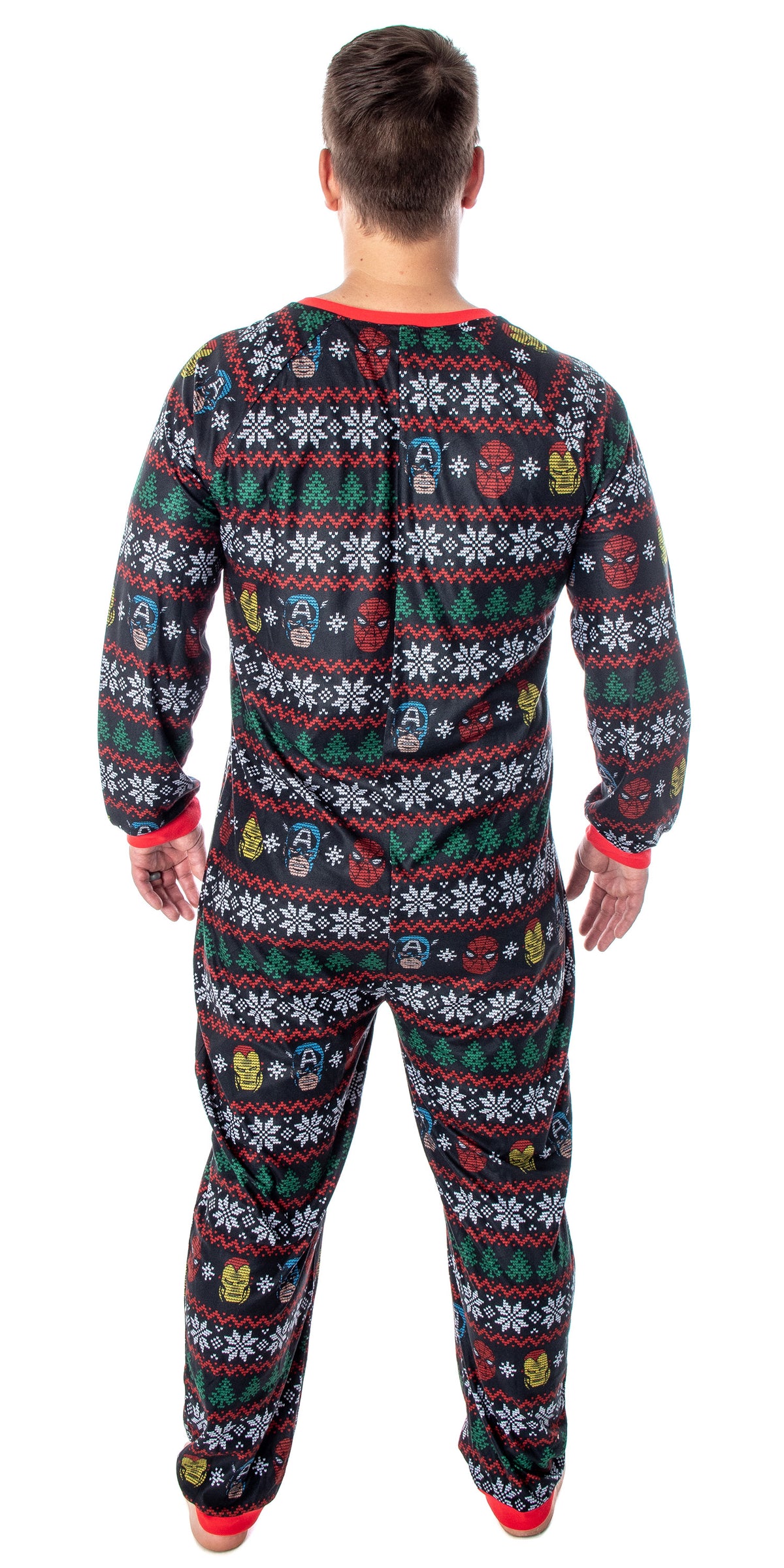 Marvel Adult Superhero Trio Ugly Sweater Print One Piece Pajama Union Suit