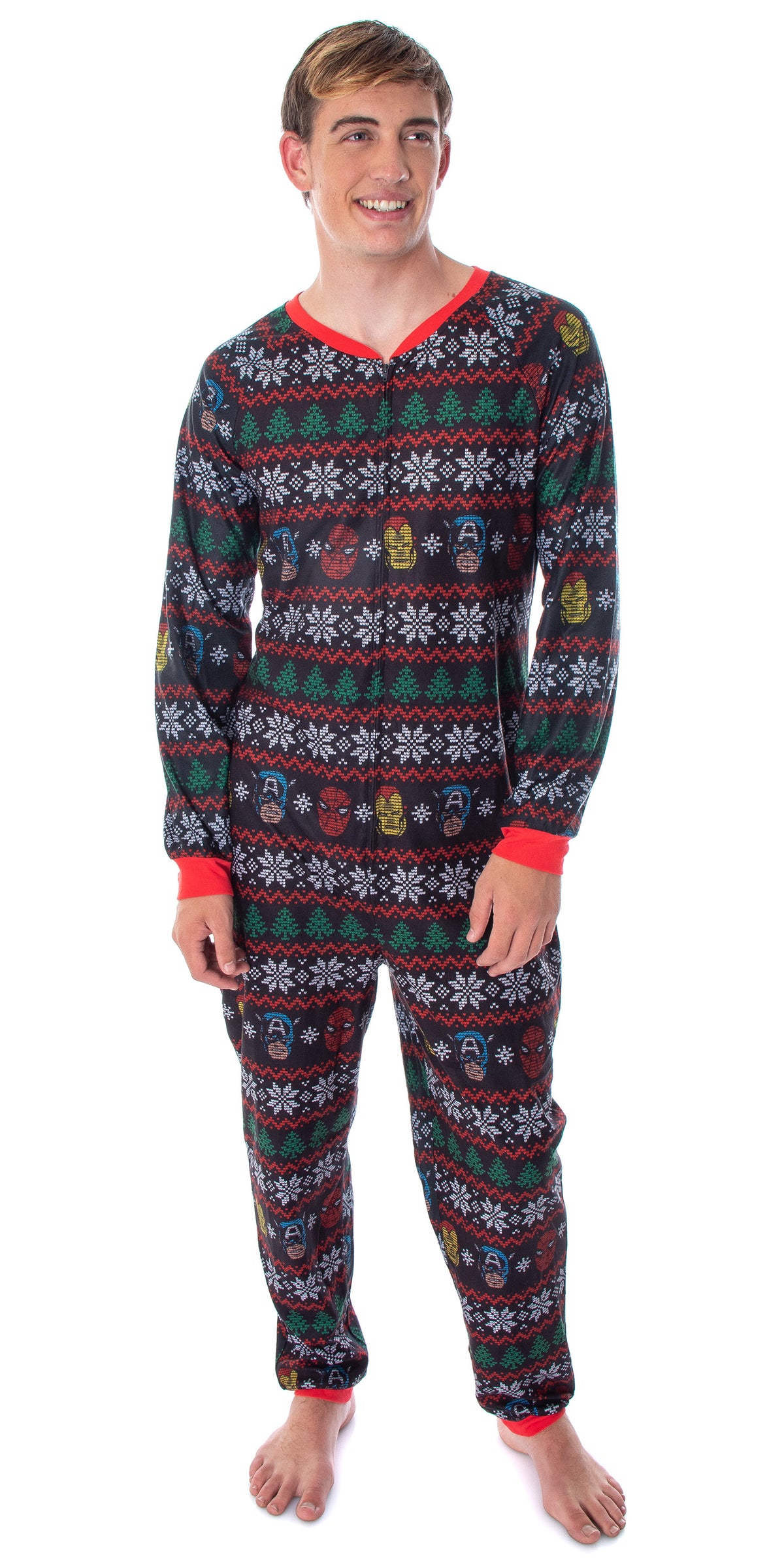 Marvel Adult Superhero Trio Ugly Sweater Print One Piece Pajama Union Suit