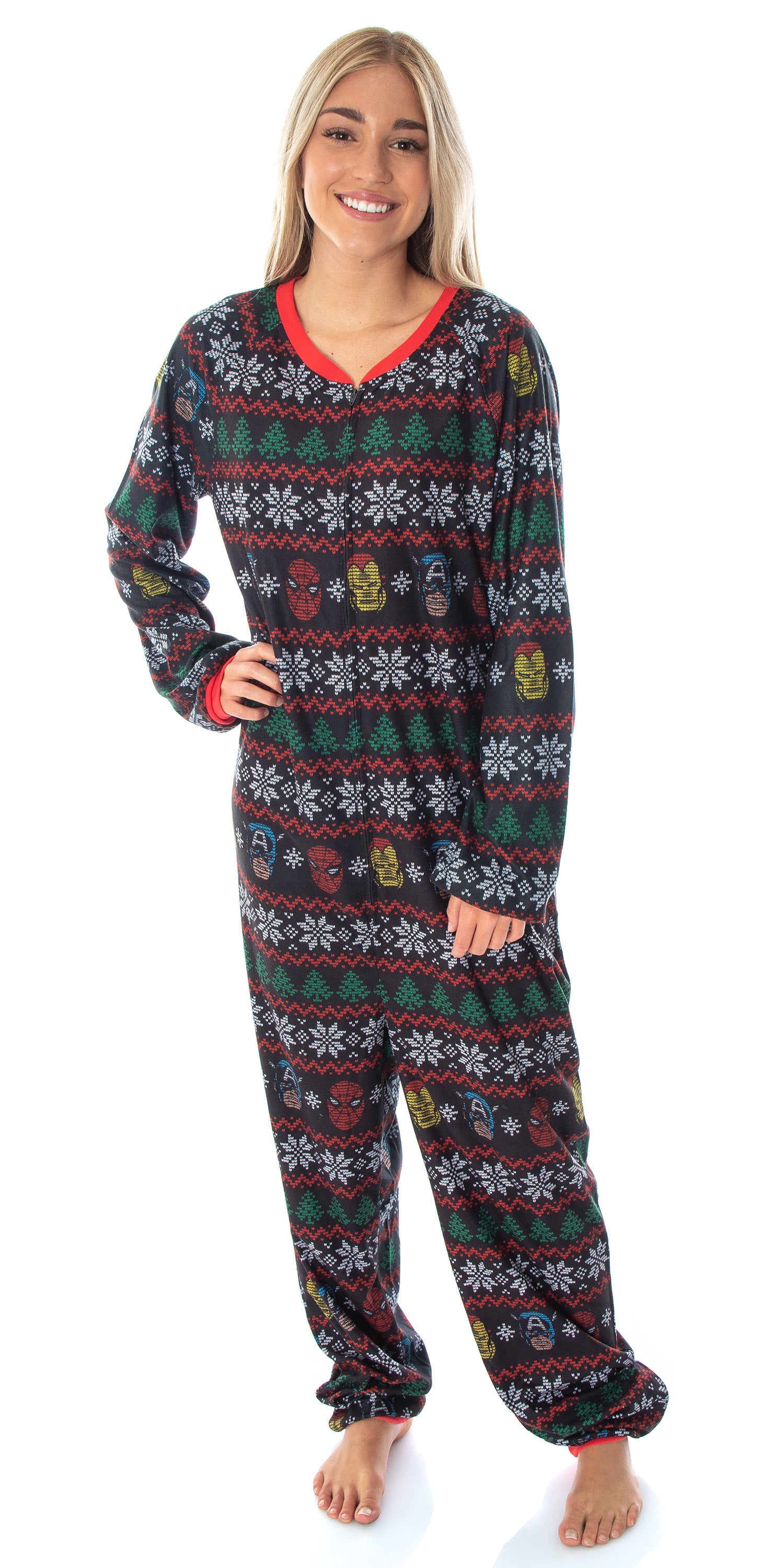 Marvel Adult Superhero Trio Ugly Sweater Print One Piece Pajama Union Suit