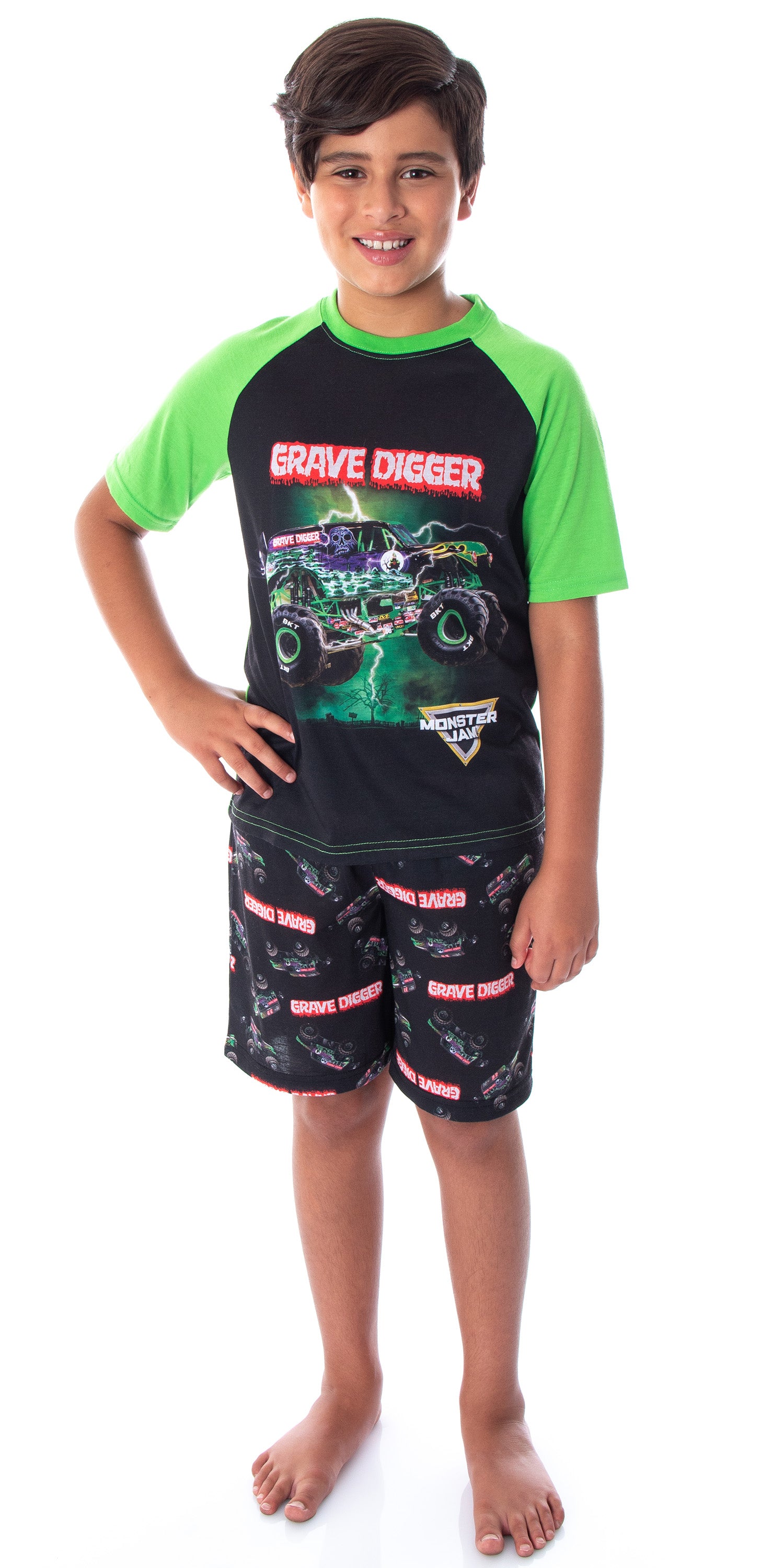 Monster Jam Boys' Grave Digger Monster Truck Shirt And Shorts Pajama Set