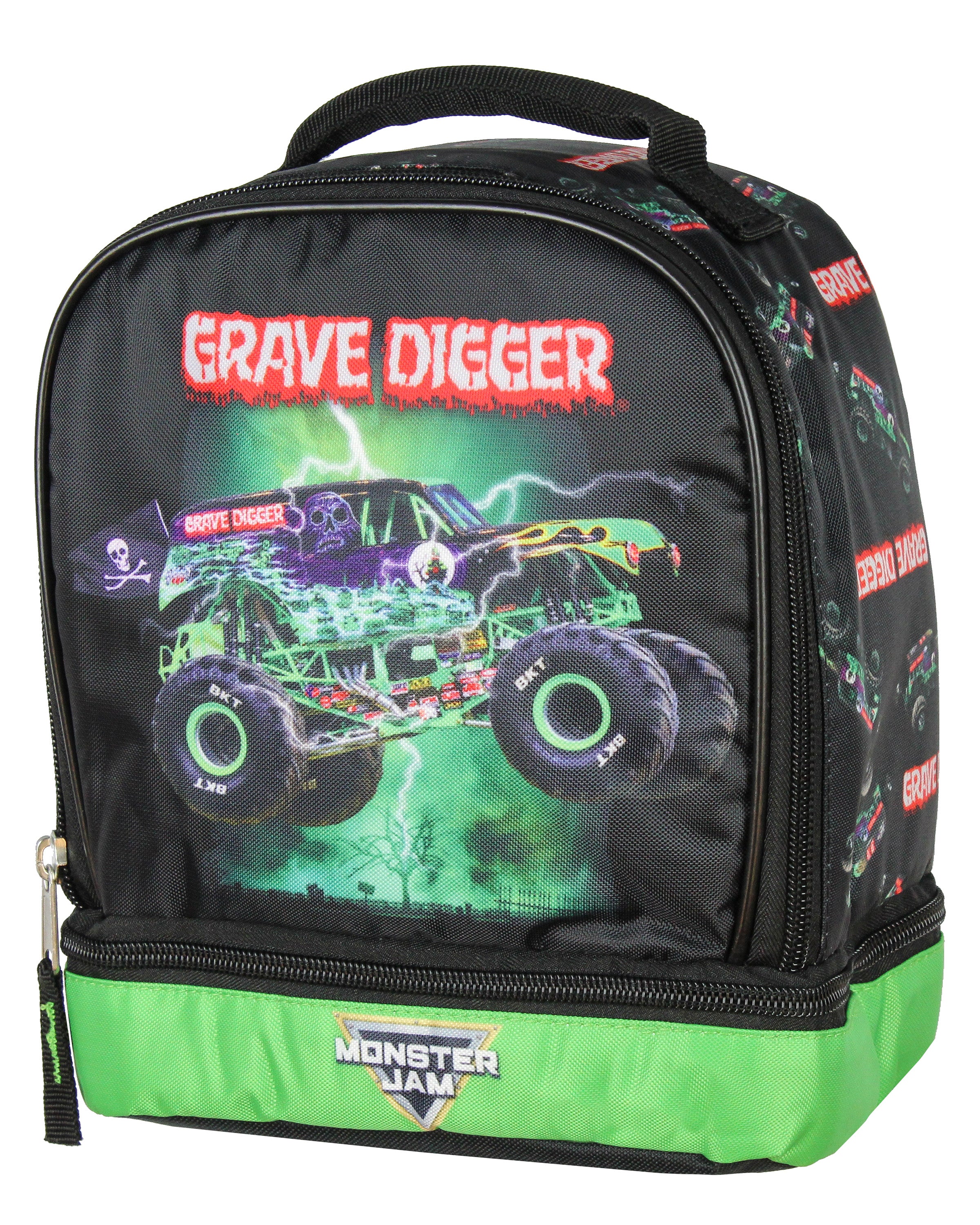 Monster Jam Grave Digger Monster Truck Lunch Bag Dual-Compartment Cooler Bag Insulated Lunch Box for School, Work and Travel
