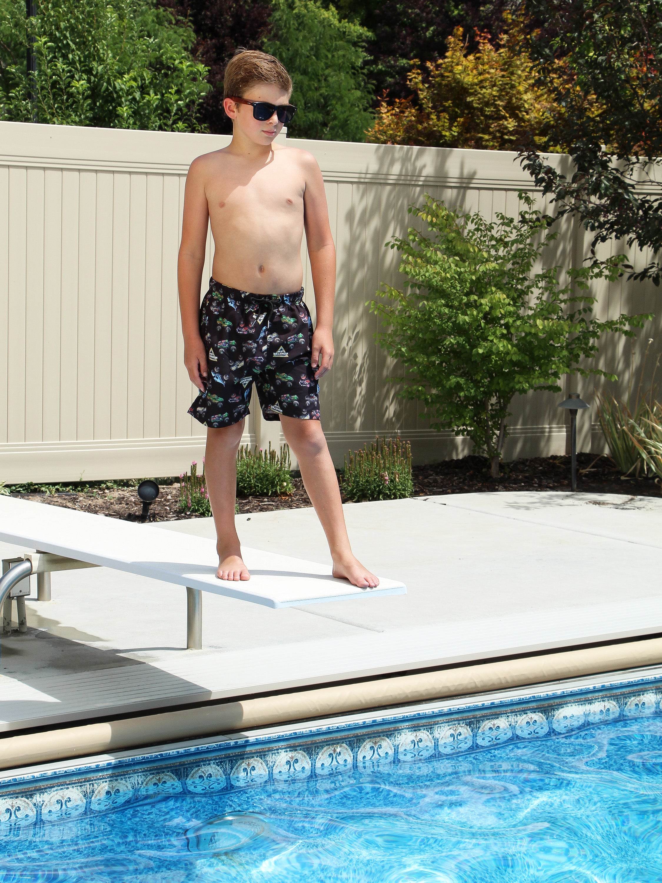 Monster Jam Boys' Dragon Zombie Grave Digger Megalodon Allover Swim Trunks