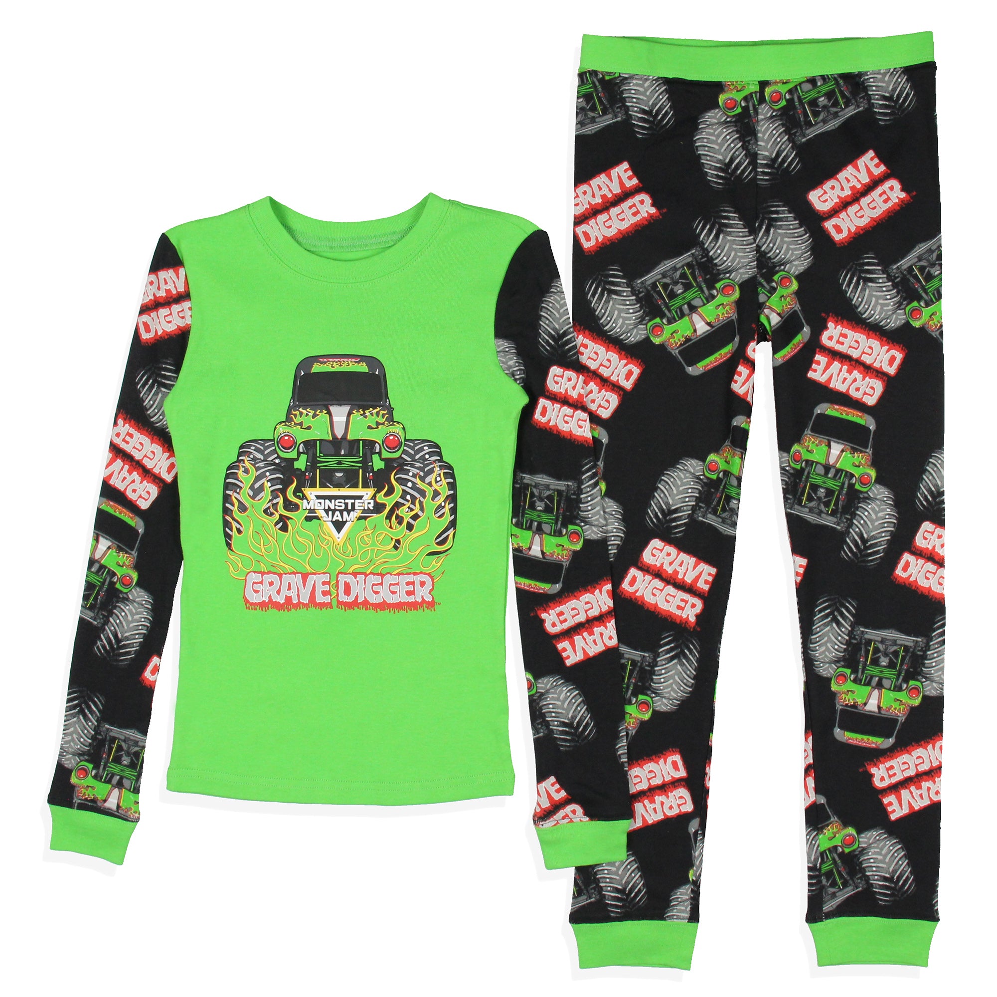 Monster Jam Boys' Truck Long Sleeve Grave Digger Tight Fit Sleep Pajama Set