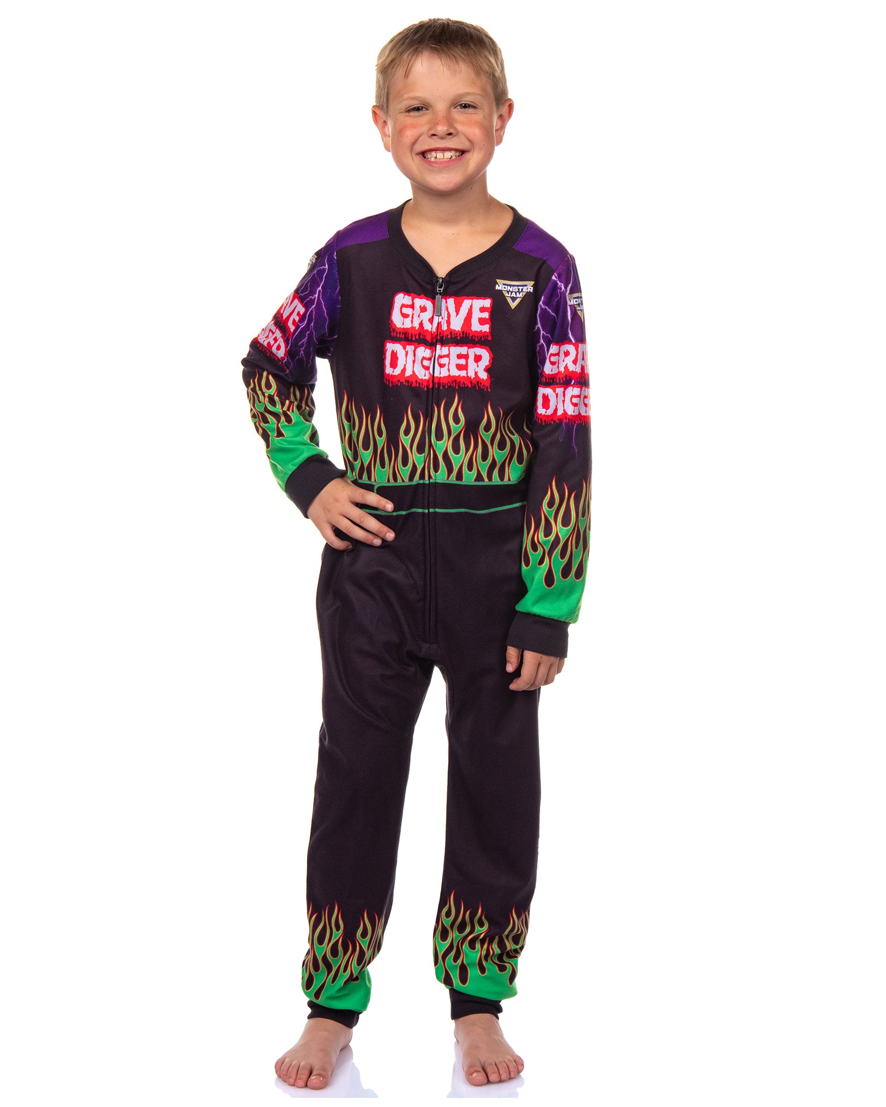 Monster Jam Grave Digger Boys' Union Suit Kids Fleece One Piece Pajamas
