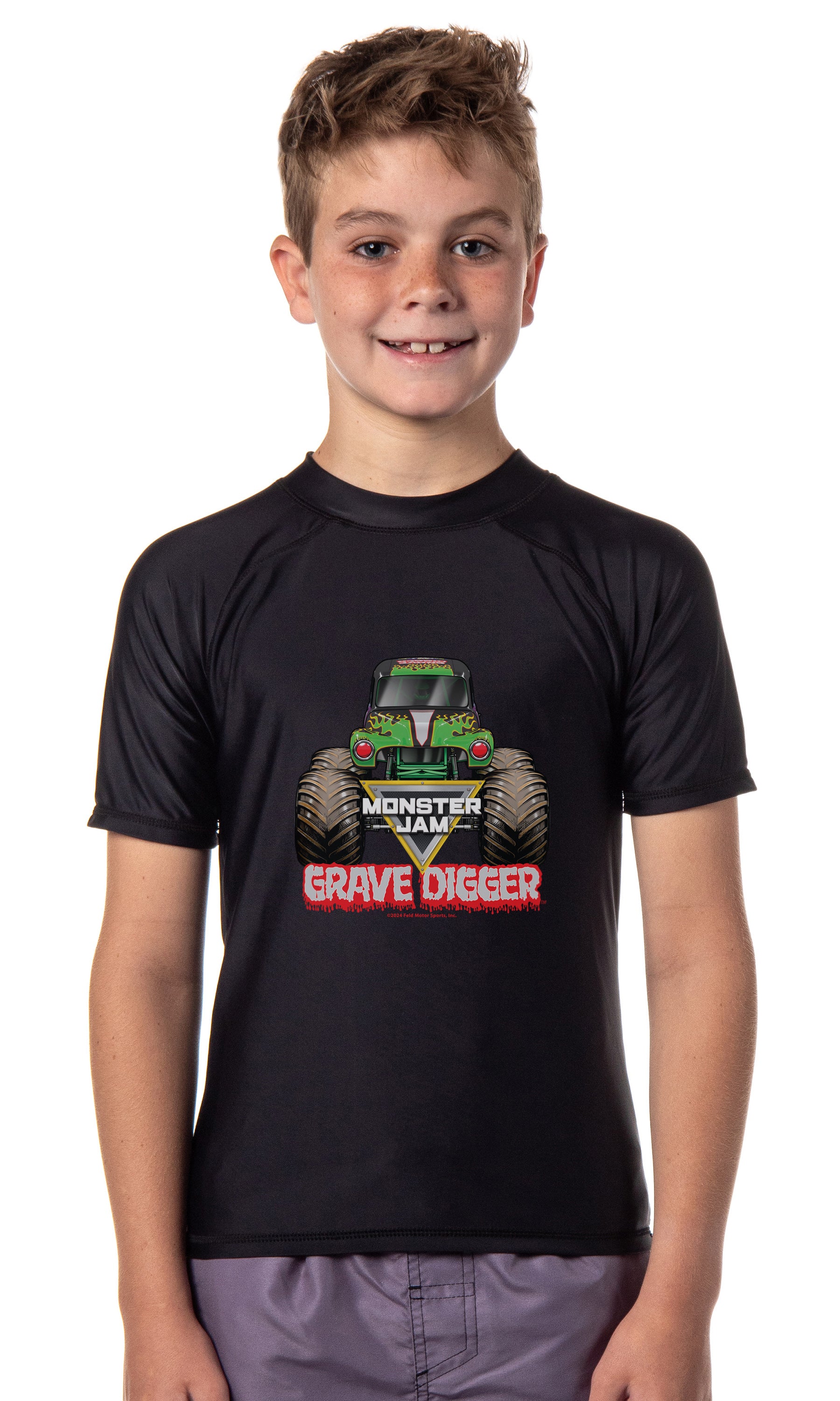Monster Jam Grave Digger Boys' Short-Sleeve Swimsuit Rashguard Shirt Top