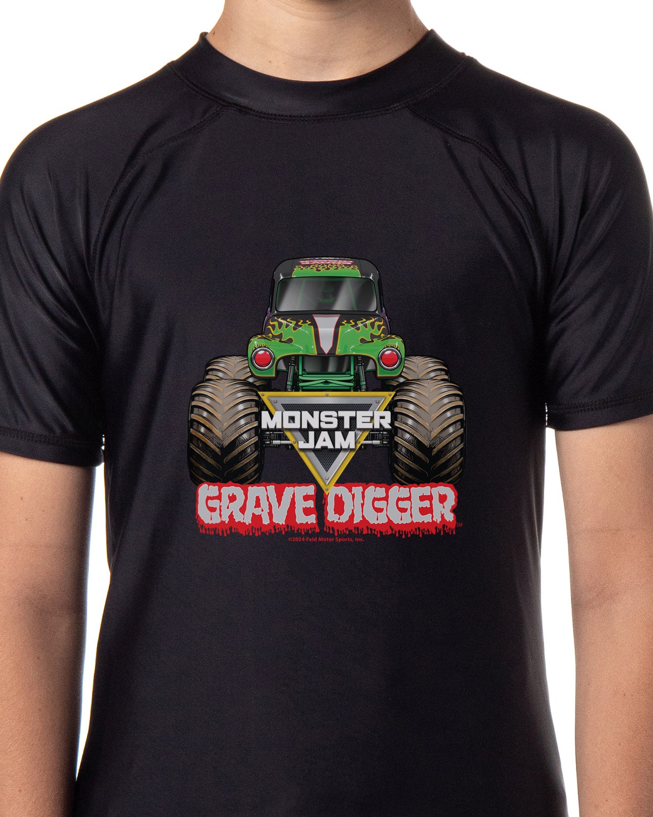 Monster Jam Grave Digger Boys' Short-Sleeve Swimsuit Rashguard Shirt Top