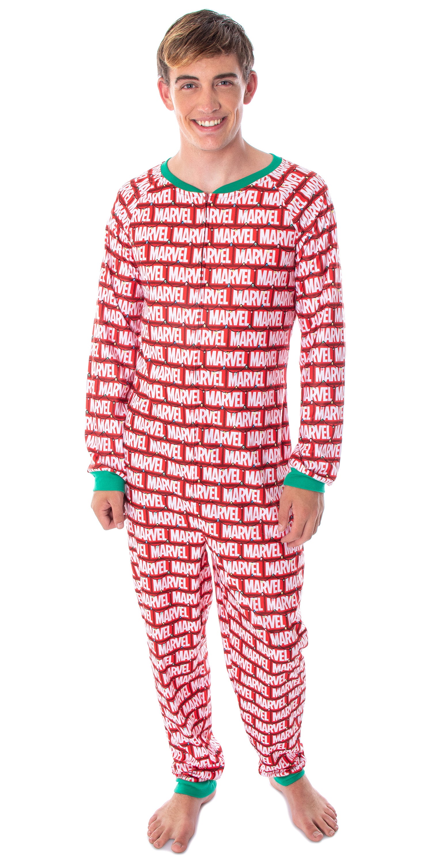 Marvel Logo Unionsuit with Christmas Lights Adult One-Piece Pajamas Pjs