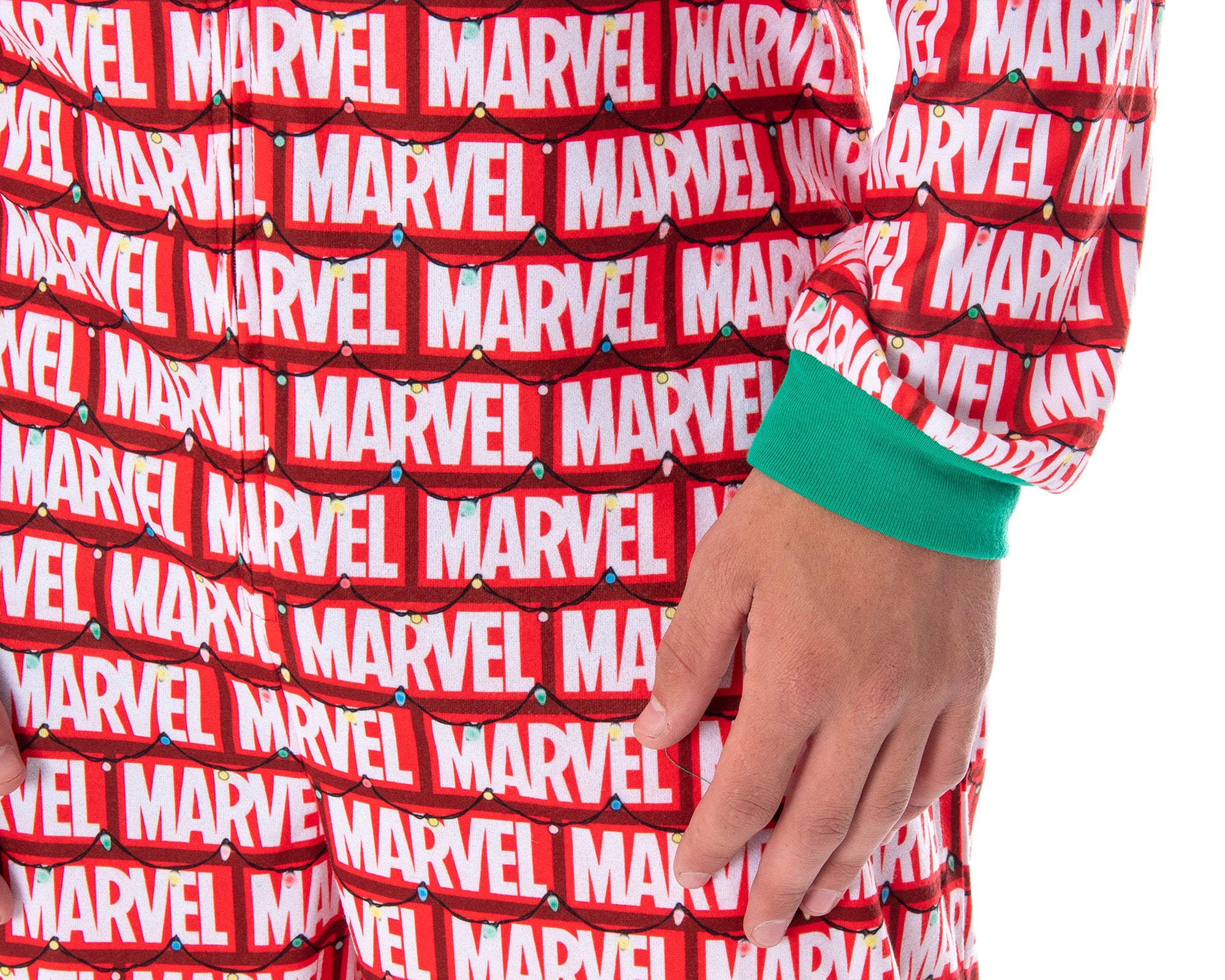 Marvel Logo Unionsuit with Christmas Lights Adult One-Piece Pajamas Pjs