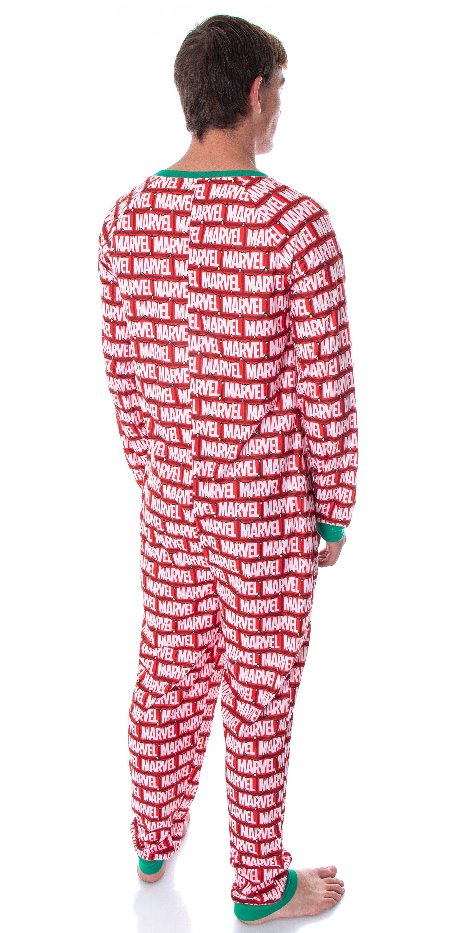 Marvel Logo Unionsuit with Christmas Lights Adult One-Piece Pajamas Pjs