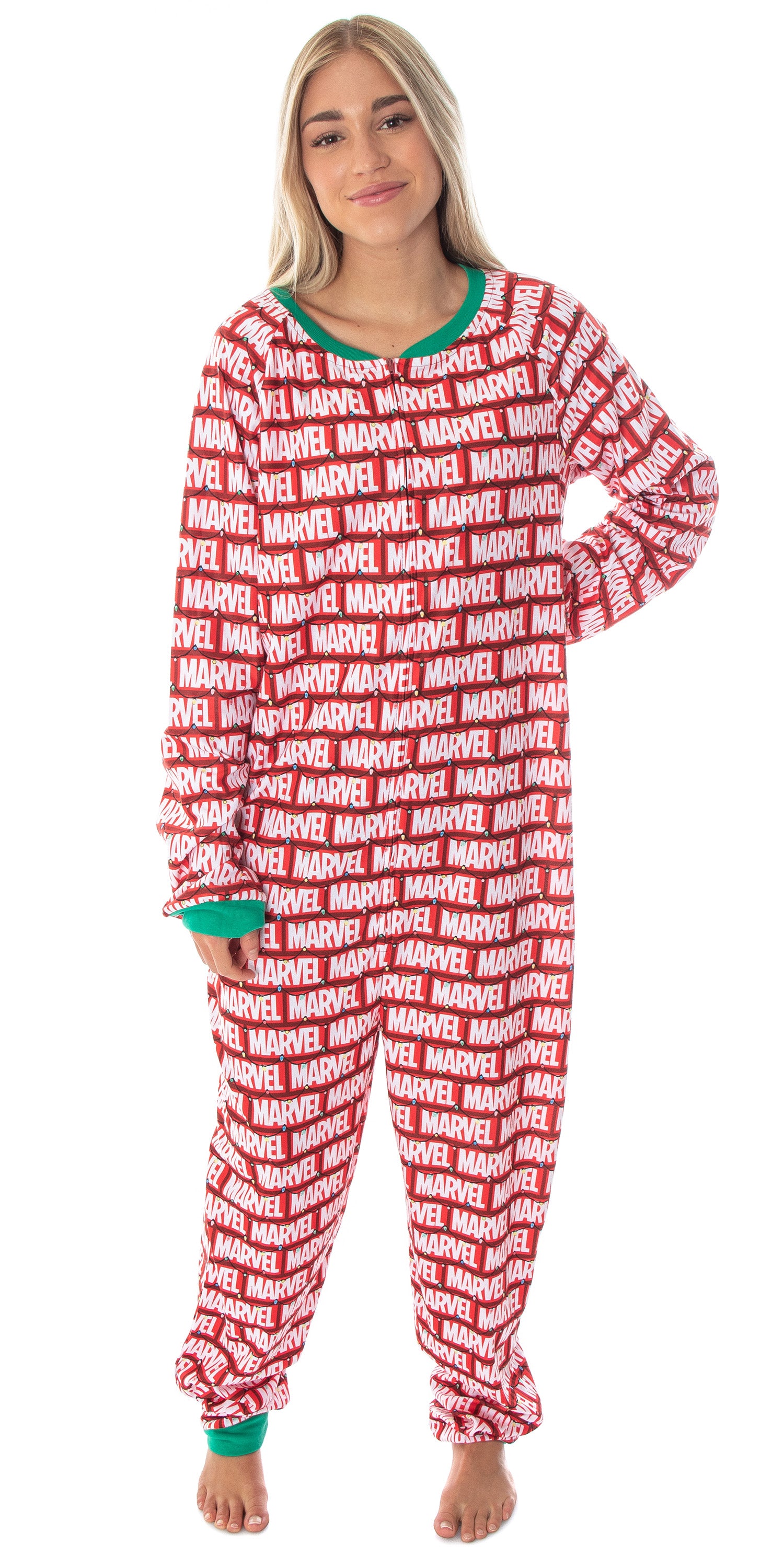 Marvel Logo Unionsuit with Christmas Lights Adult One-Piece Pajamas Pjs