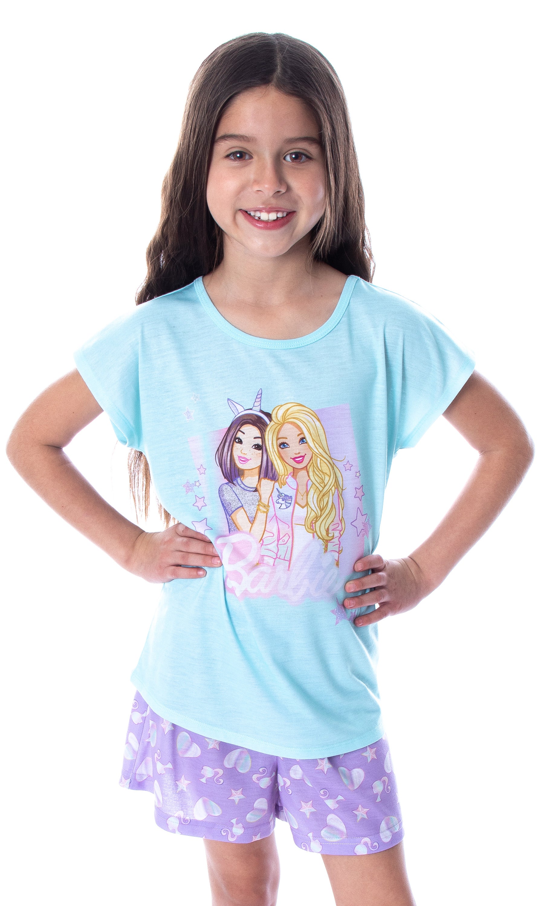 Barbie Little Girls' Unicorn Love Shirt and Shorts 2 PC Pajama Set