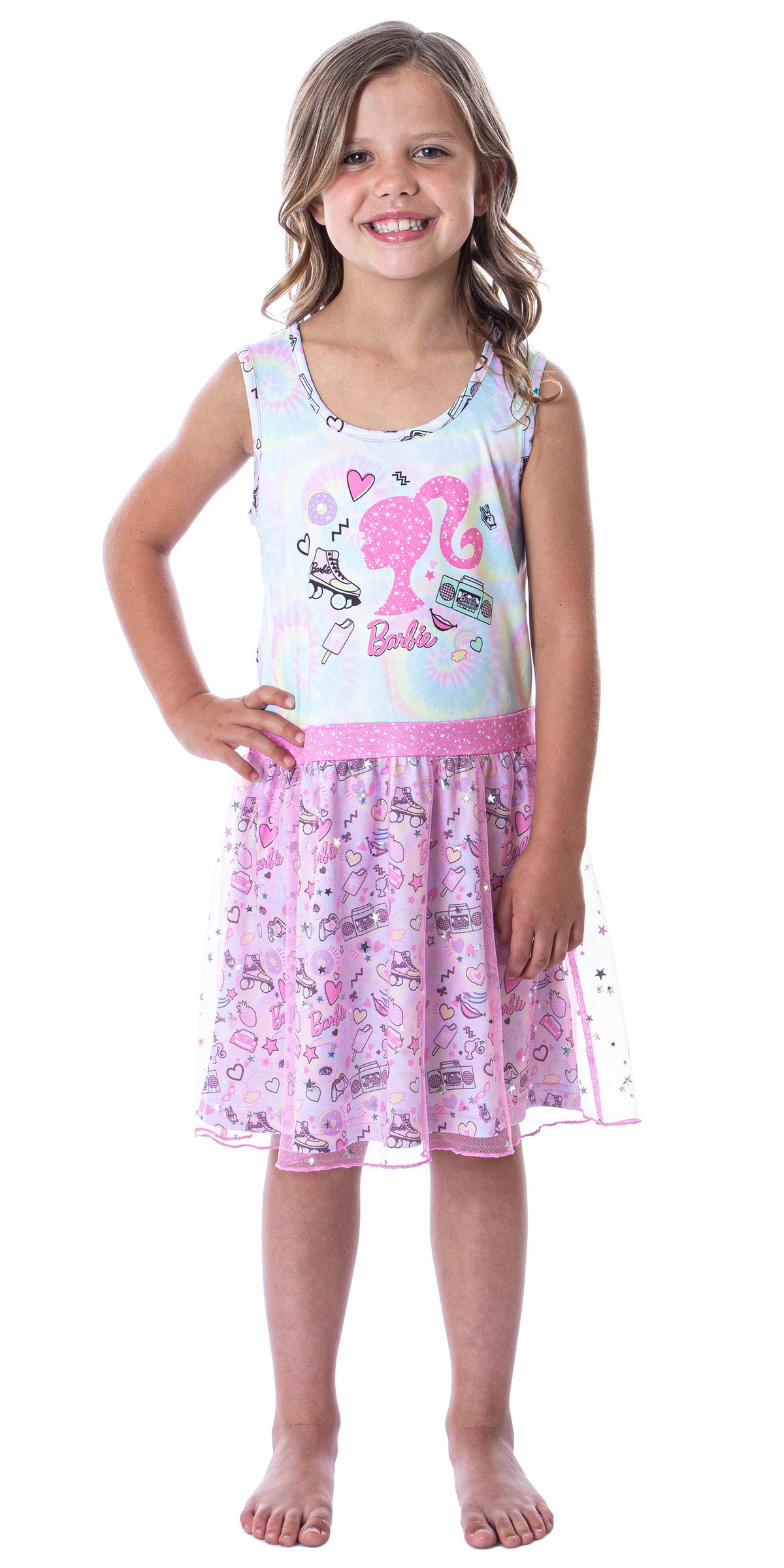 Barbie Girls' Tie-Dye Kids Tank Nightgown Pajama With Tulle Skirt Overlay
