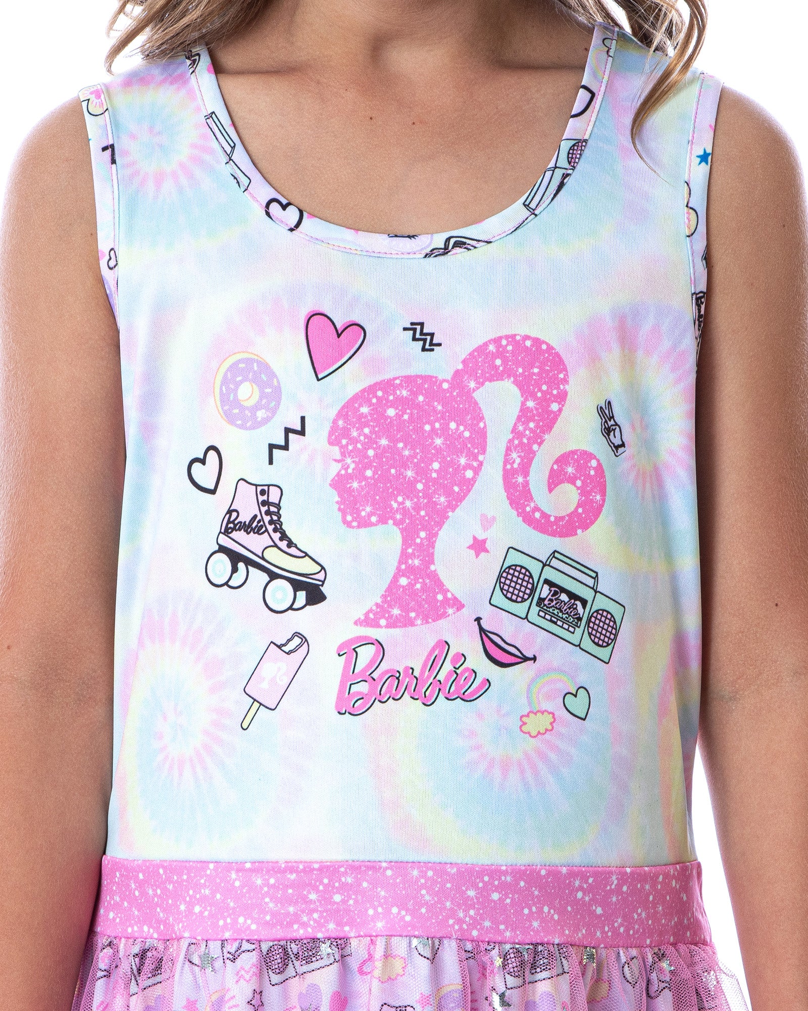 Barbie Girls' Tie-Dye Kids Tank Nightgown Pajama With Tulle Skirt Overlay