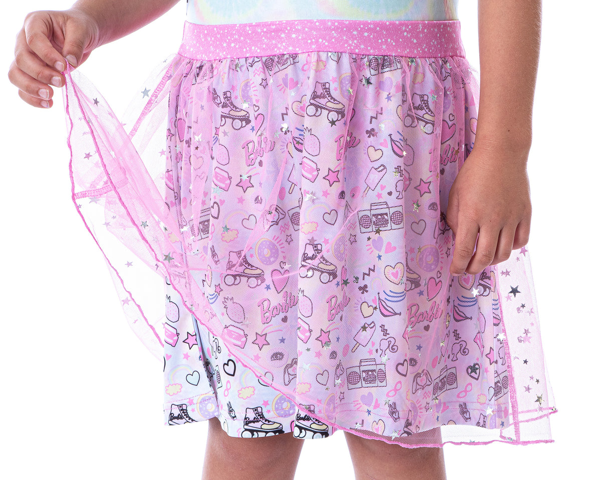 Barbie Girls' Tie-Dye Kids Tank Nightgown Pajama With Tulle Skirt Overlay
