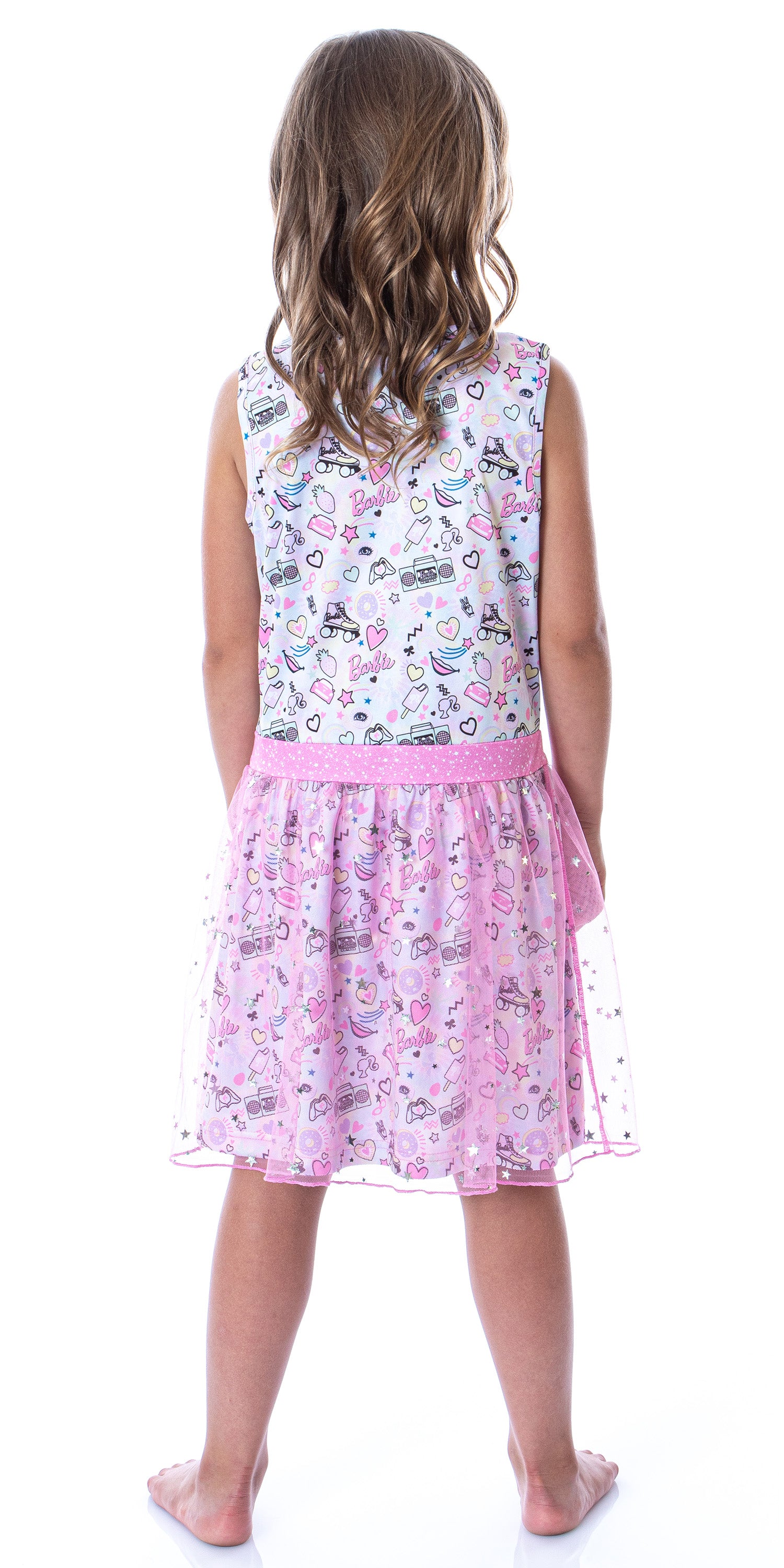 Barbie Girls' Tie-Dye Kids Tank Nightgown Pajama With Tulle Skirt Overlay