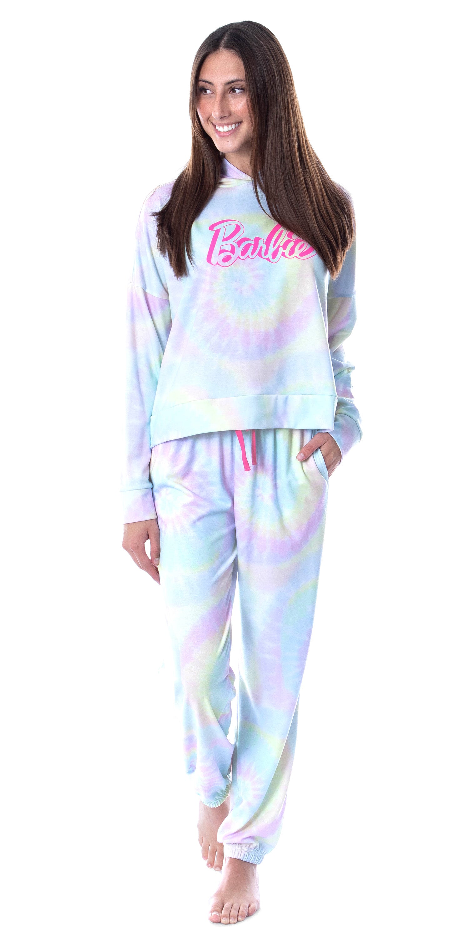 Mattel Barbie Doll Logo Tie Dye Womens' Pajama Cropped Hooded Jogger Set
