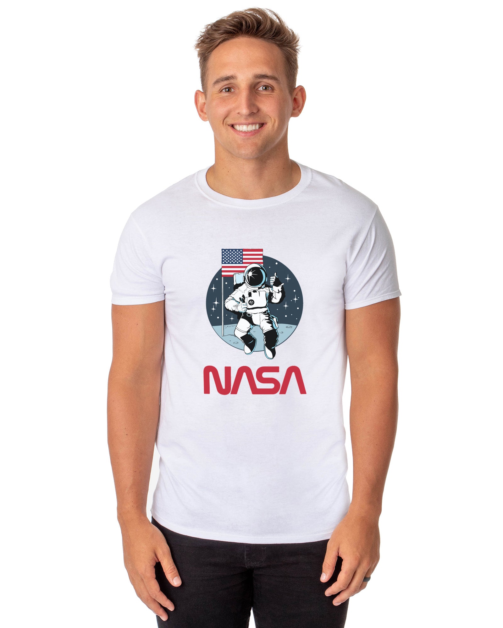 NASA Men's Retro NASA Letter Logo Thumbs Up Astronaut Crewneck T-Shirt