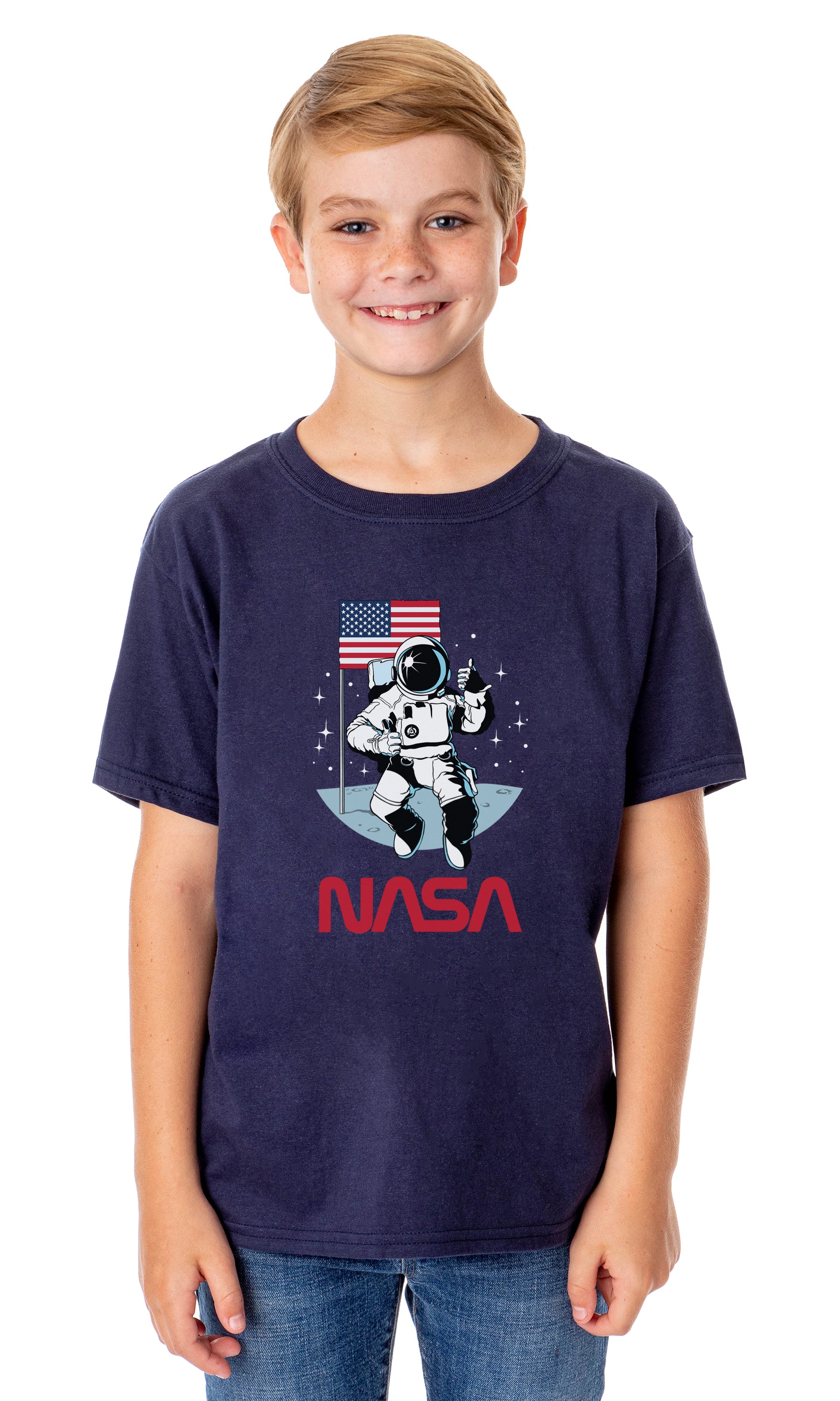 NASA Boys' Retro NASA Letter Logo Thumbs Up Astronaut Crewneck T-Shirt
