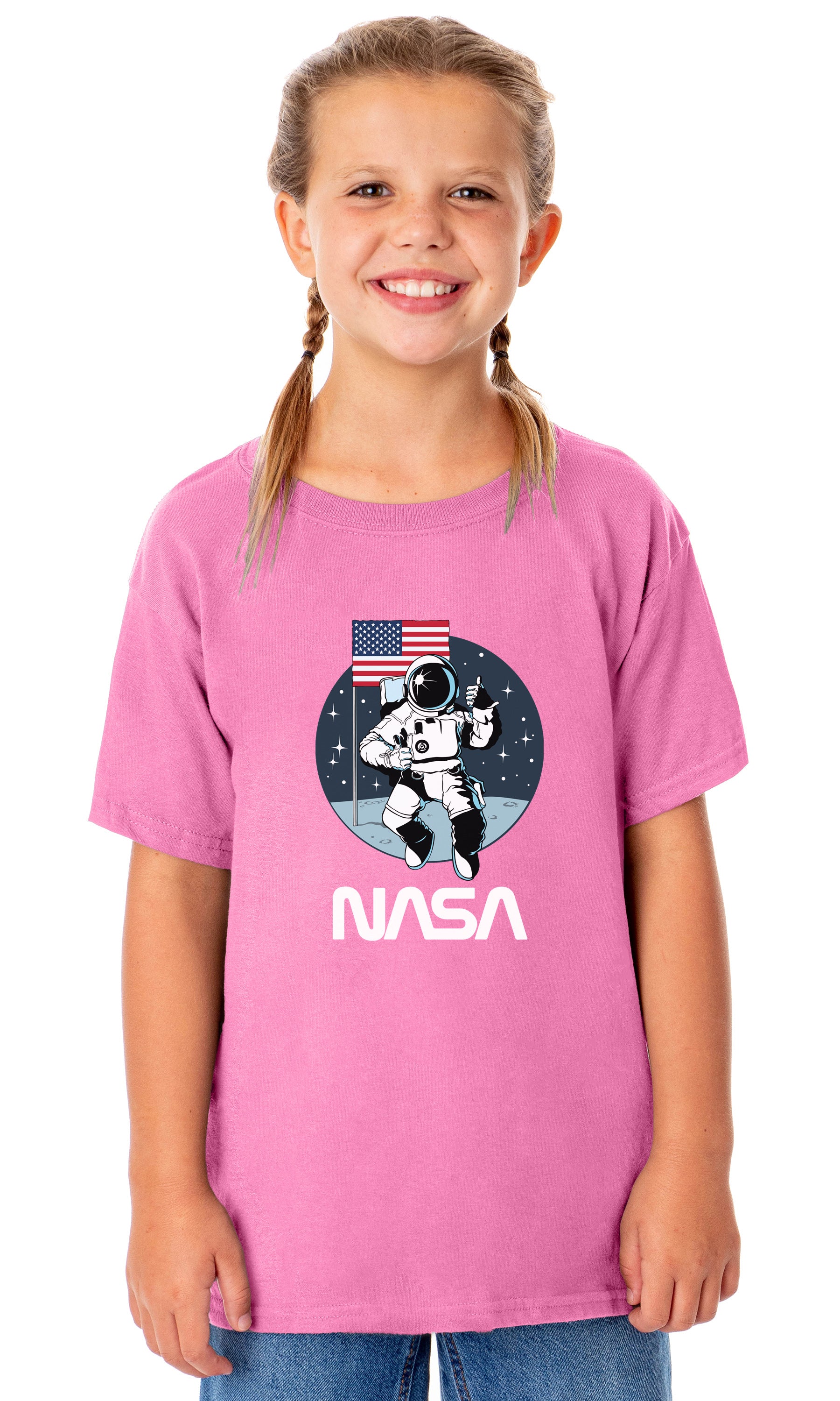 NASA Girls' Retro NASA Letter Logo Thumbs Up Astronaut Crewneck T-Shirt