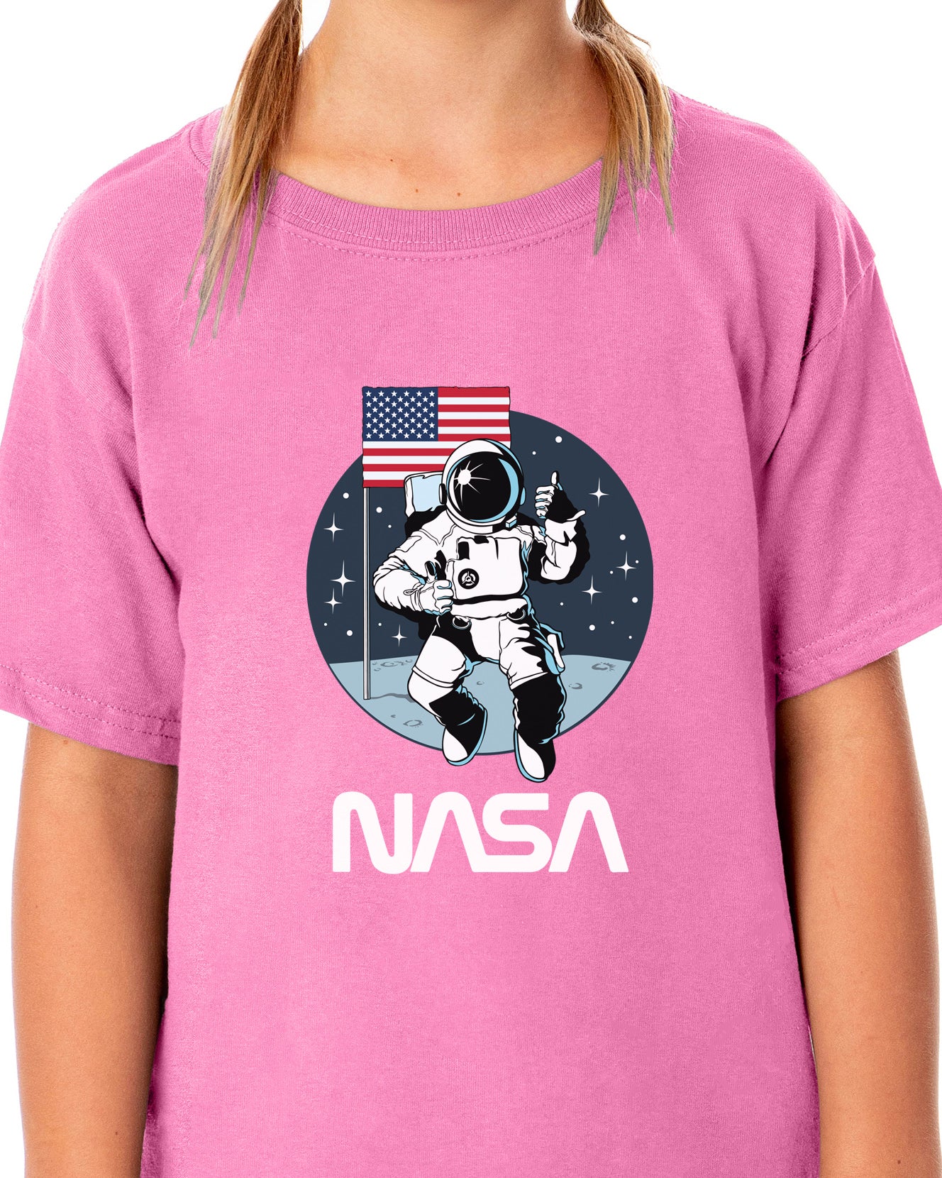 NASA Girls' Retro NASA Letter Logo Thumbs Up Astronaut Crewneck T-Shirt