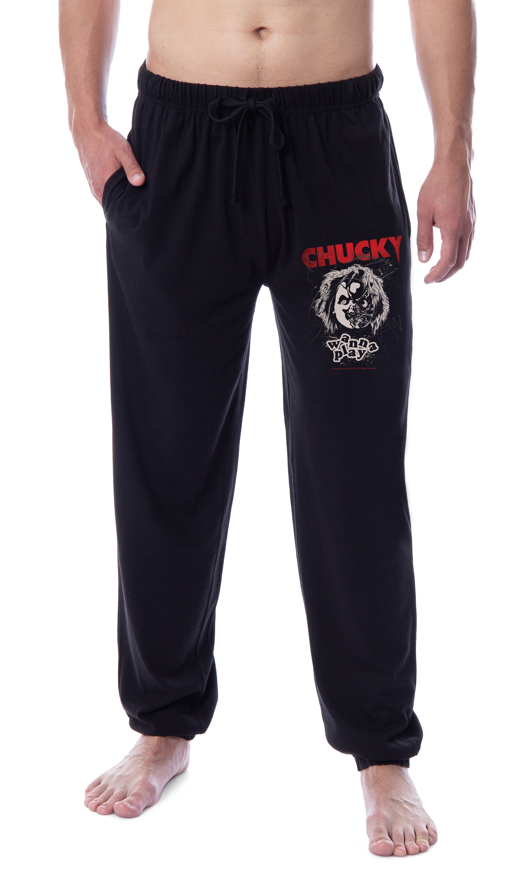 Chucky Mens' Wanna Play Movie Film Title Logo Sleep Jogger Pajama Pants