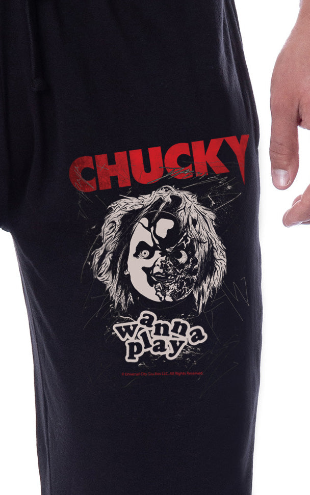Chucky Mens' Wanna Play Movie Film Title Logo Sleep Jogger Pajama Pants