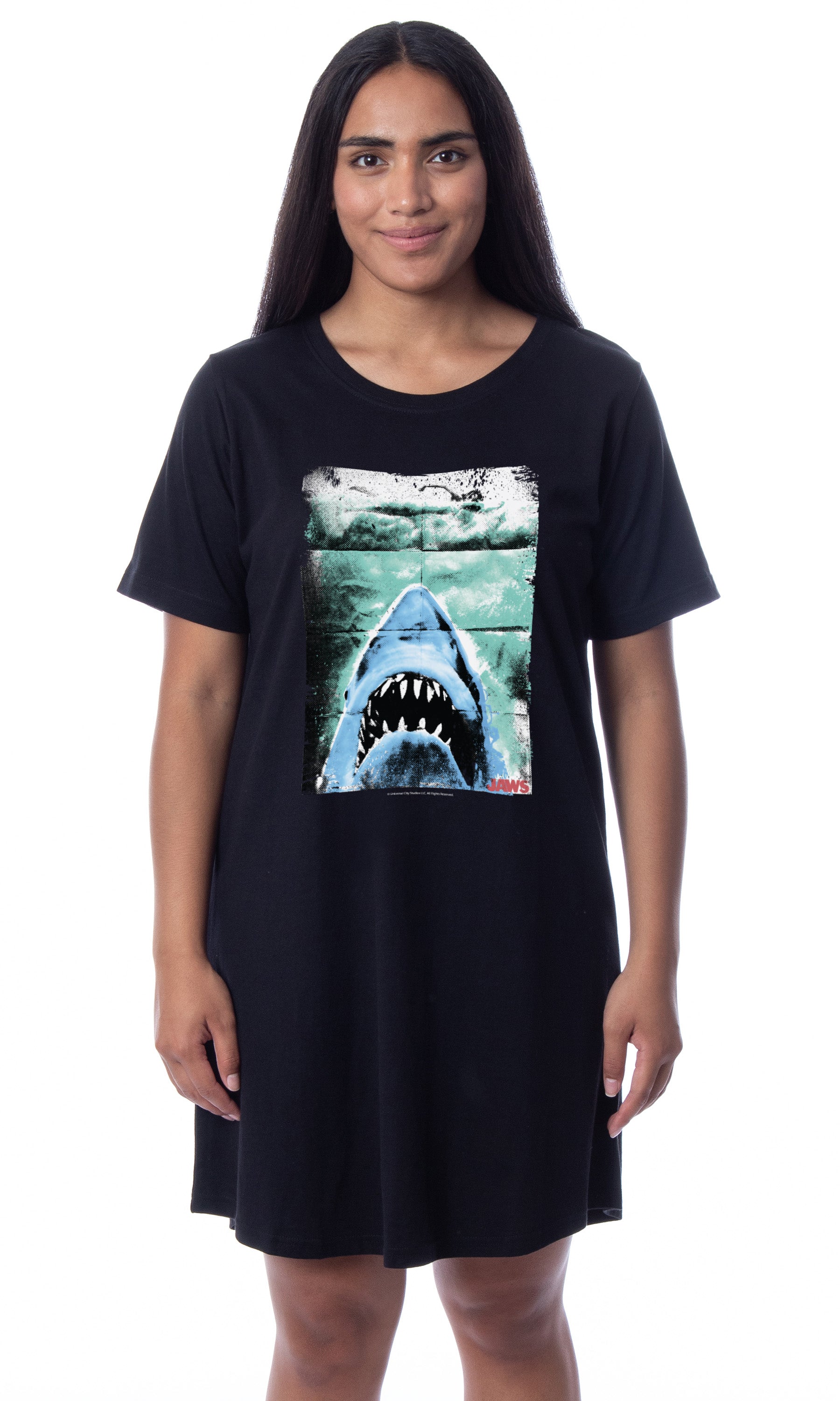 Jaws Womens' Film Movie Title Logo Distressed Nightgown Sleep Pajama Shirt