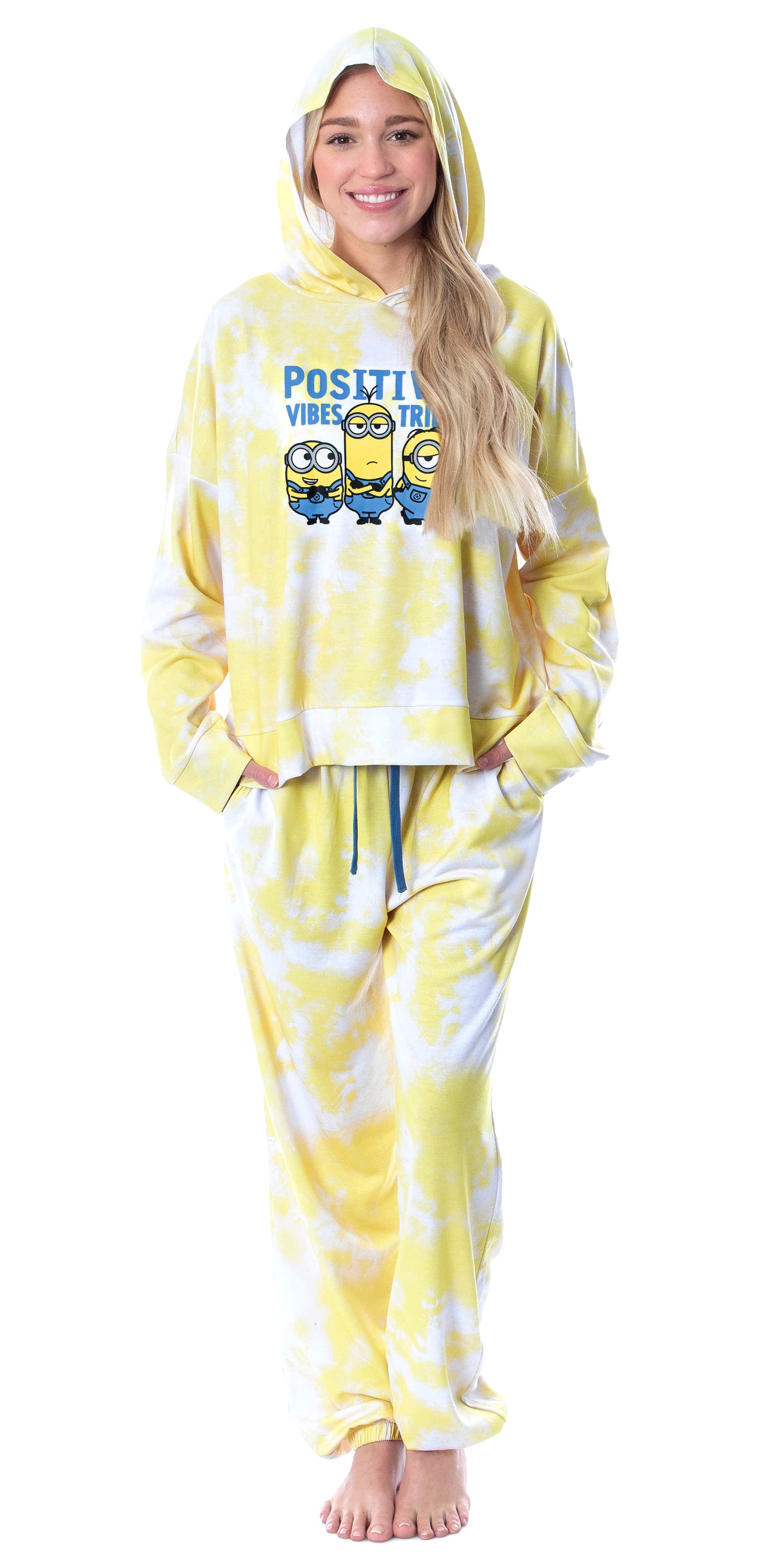 Minions Positive Vibes Tie Dye Womens' Pajama Cropped Hooded Jogger Set