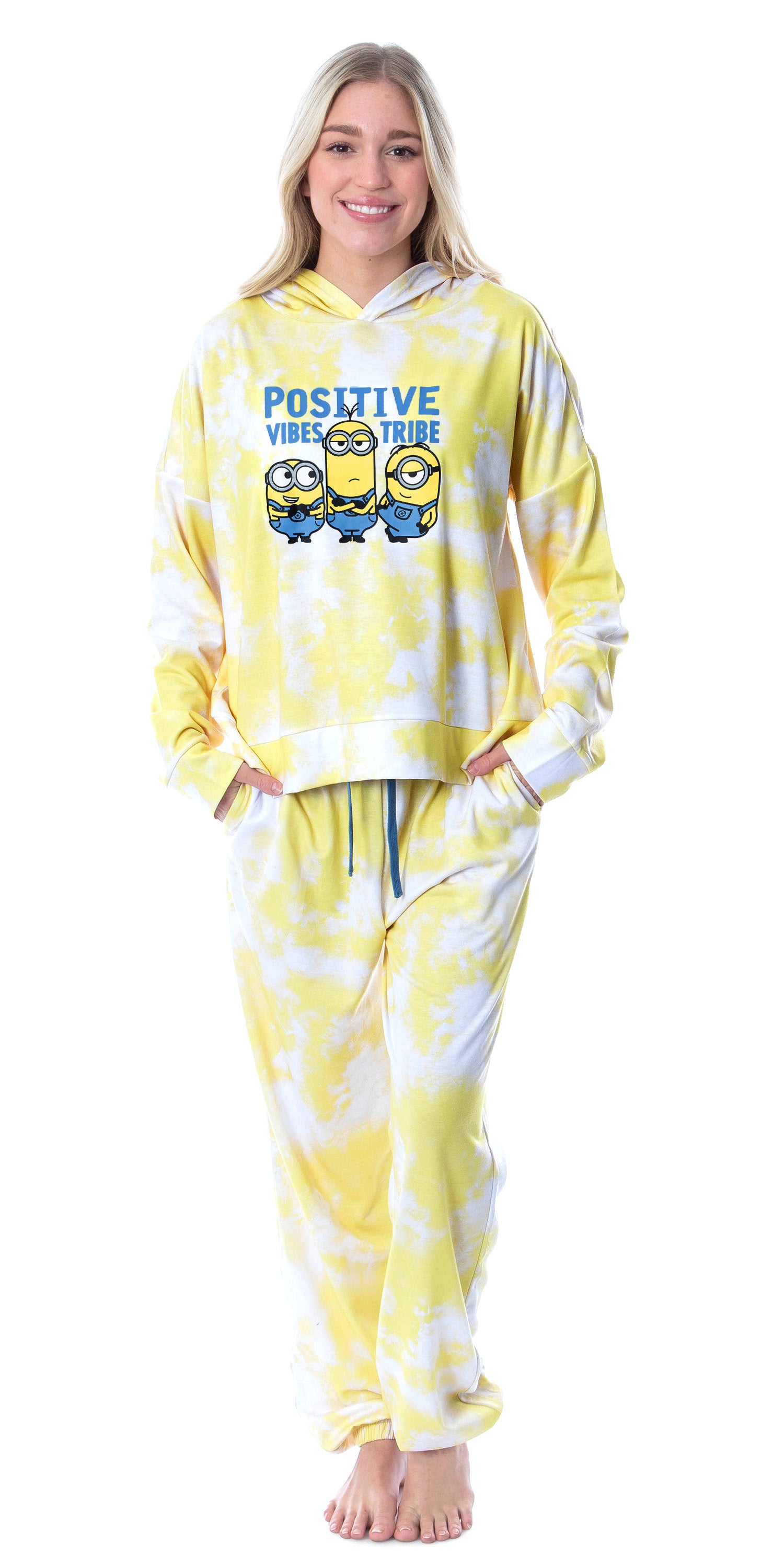 Minions Positive Vibes Tie Dye Womens' Pajama Cropped Hooded Jogger Set
