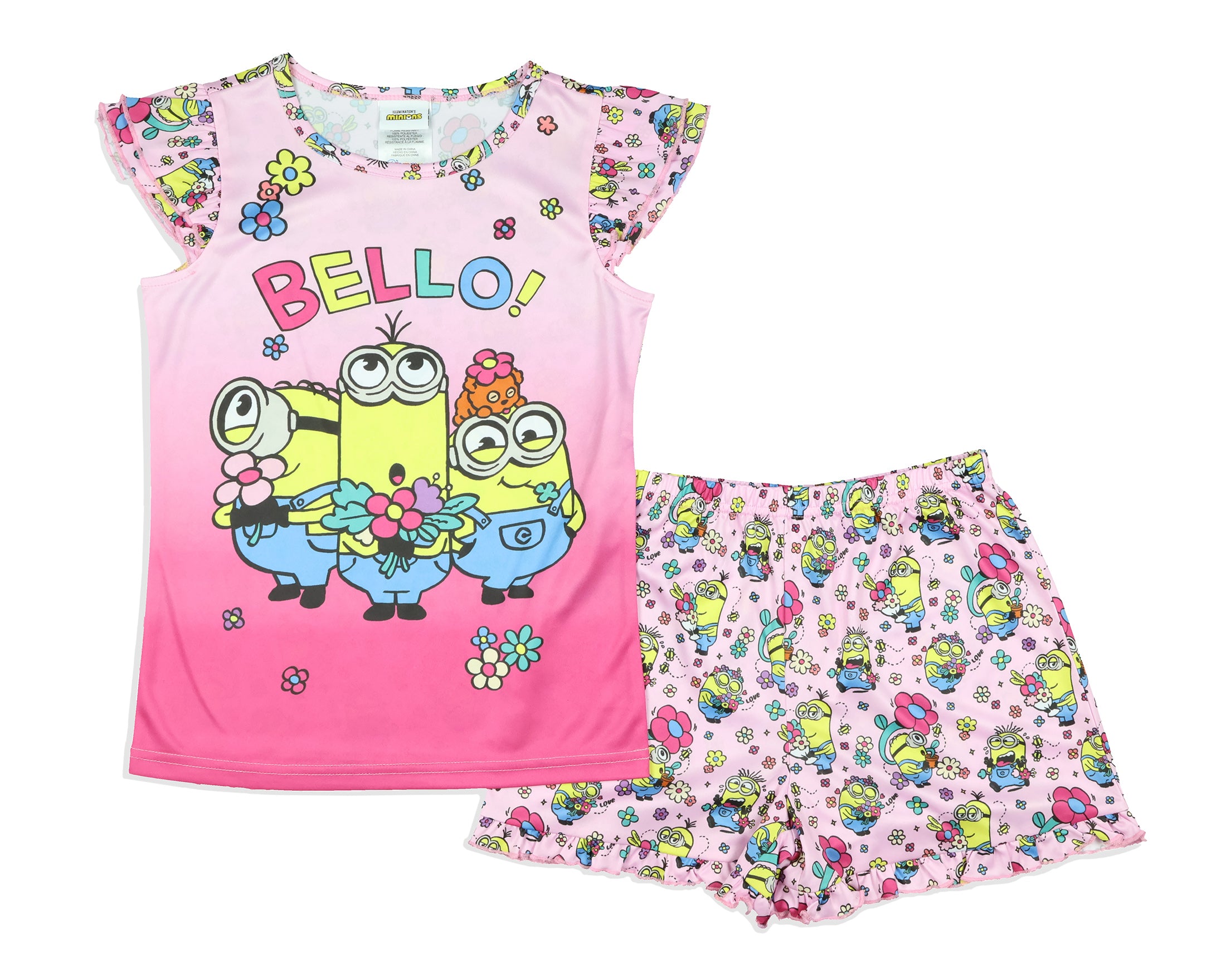 Despicable Me Girls' Flower Bello! Minions Pajama Sleep Set Shorts