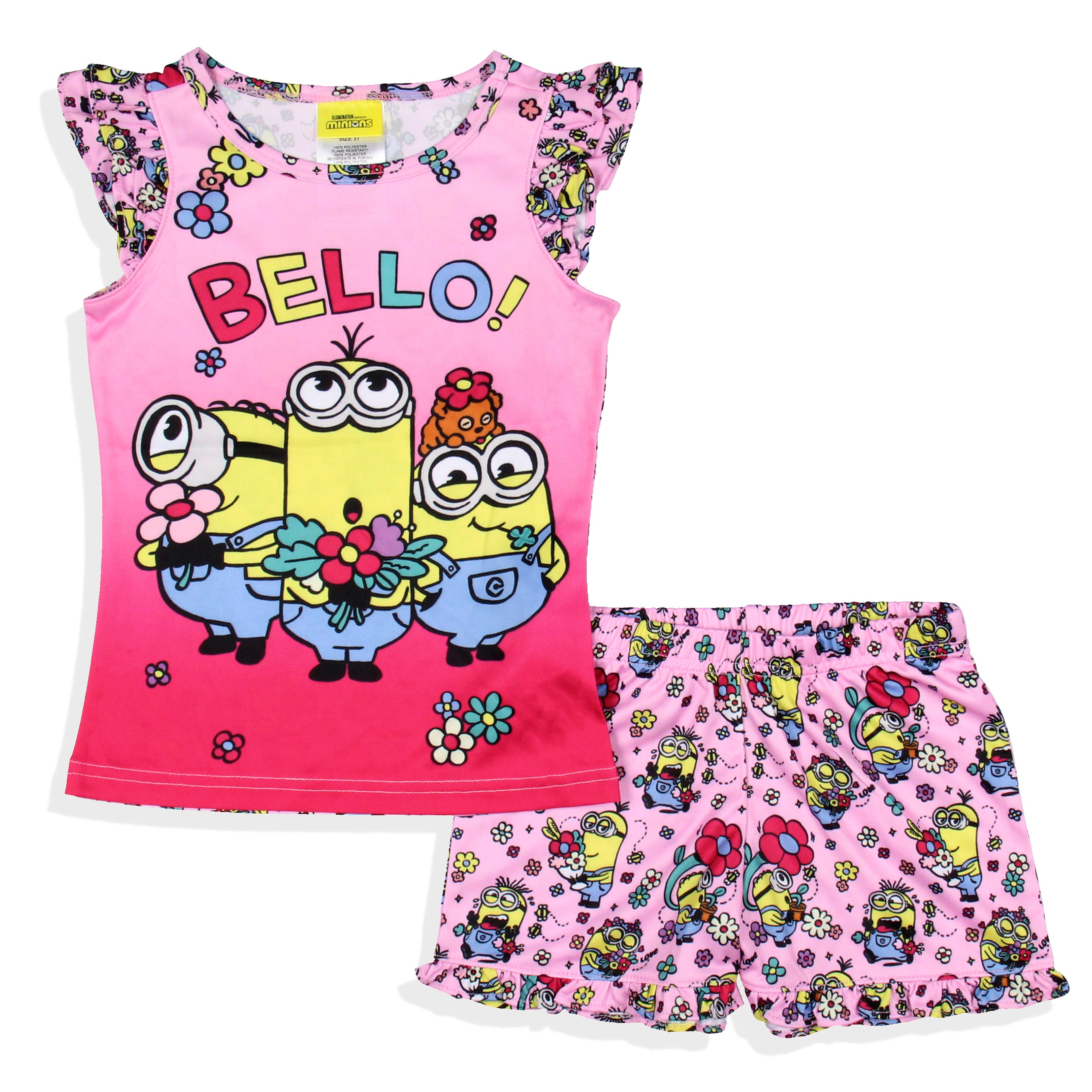 Despicable Me Girls' Flower Bello! Minions Pajama Sleep Set Shorts