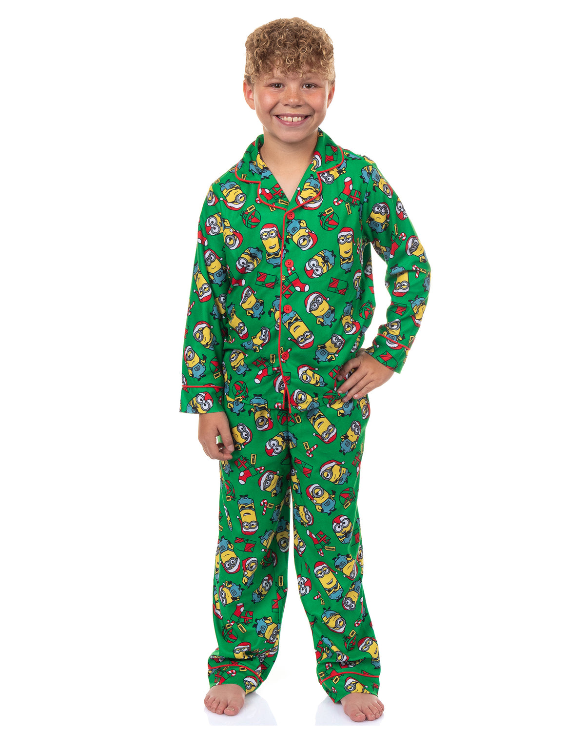 Minions Pajamas Boy's Christmas Button Up Long Sleeve Pant Pajama Set (8)