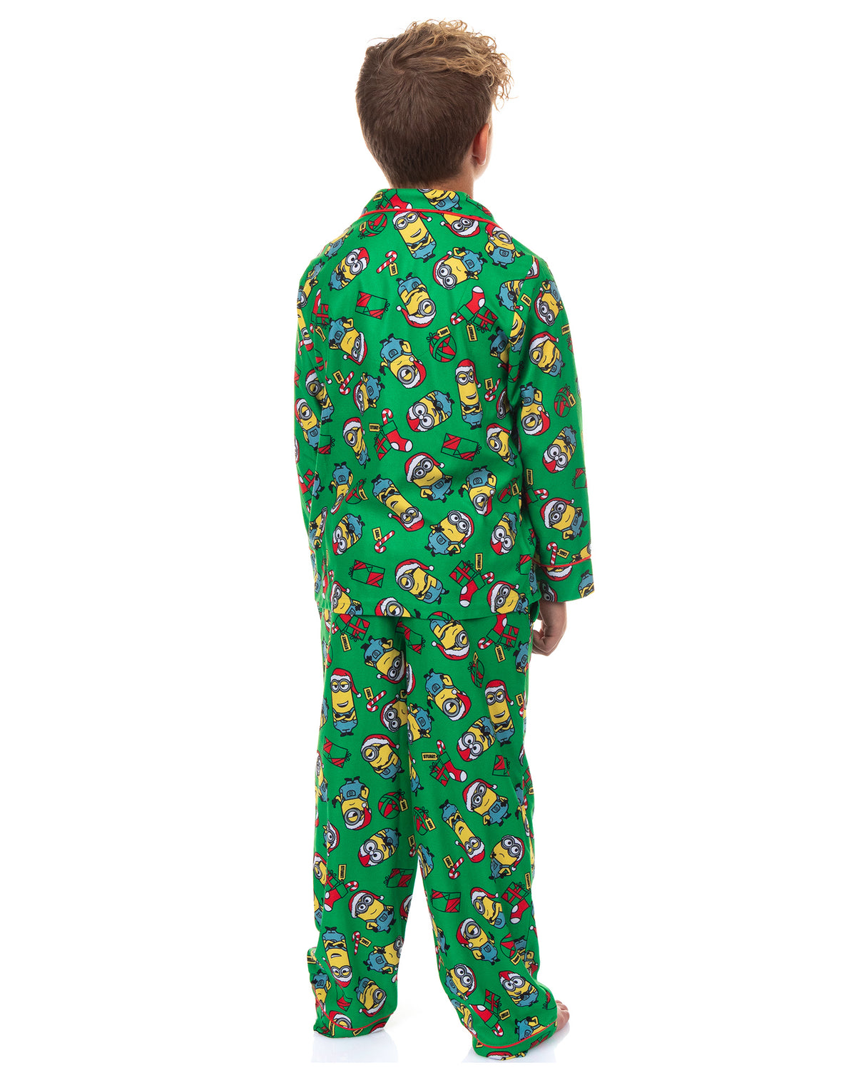 Minions Pajamas Boy's Christmas Button Up Long Sleeve Pant Pajama Set (8)