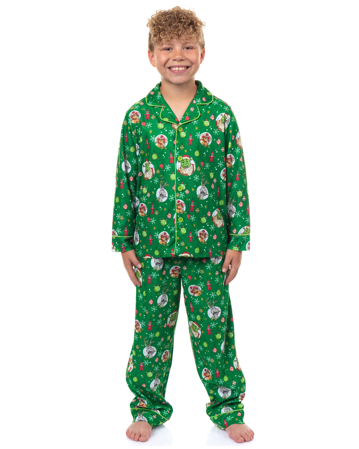 Shrek Pajamas Boy's Holiday Ornaments Long Sleeve Button Up Pant Set (10/12)