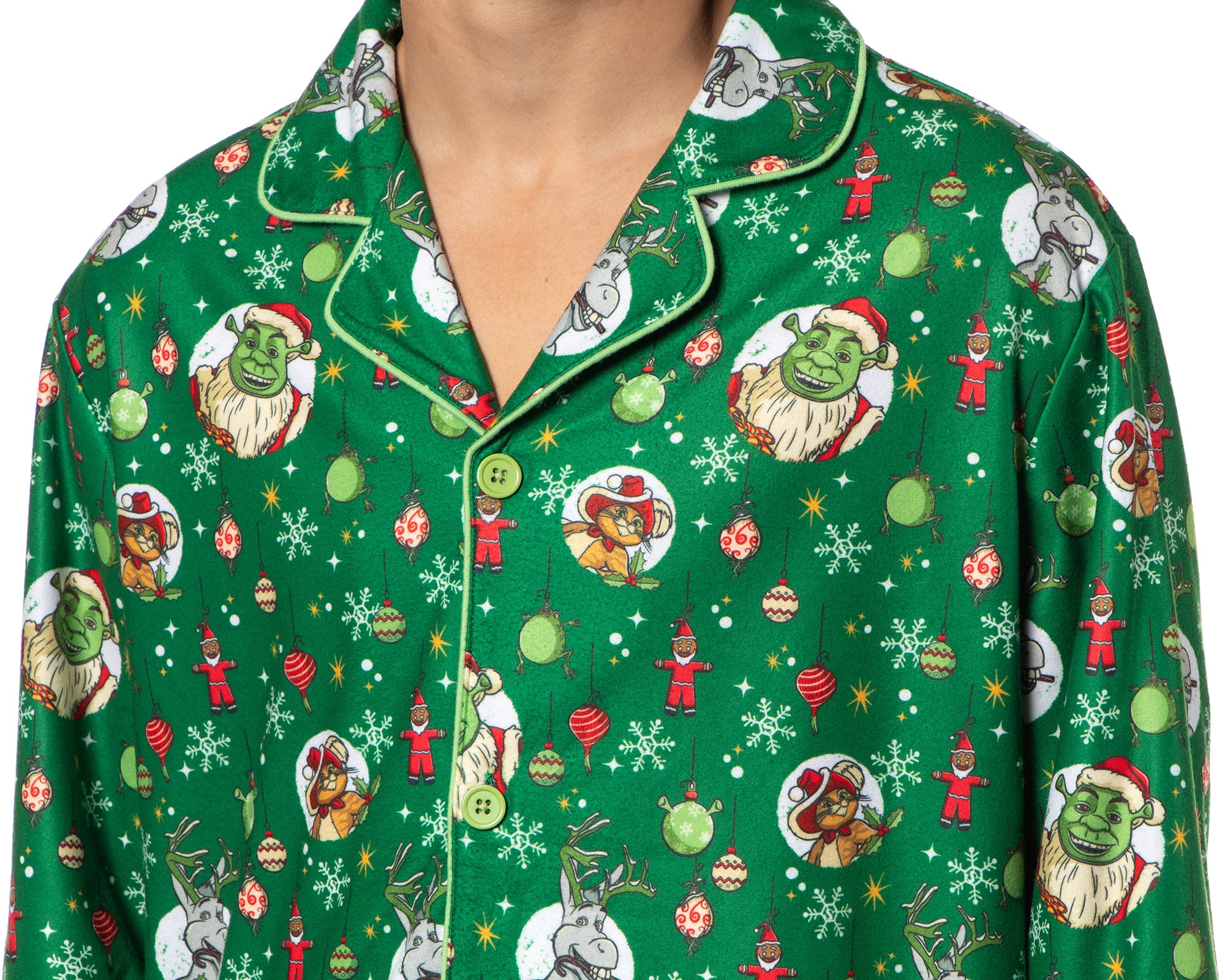 Shrek Men's Christmas Tossed Print Button Down Sleep Pajama Set