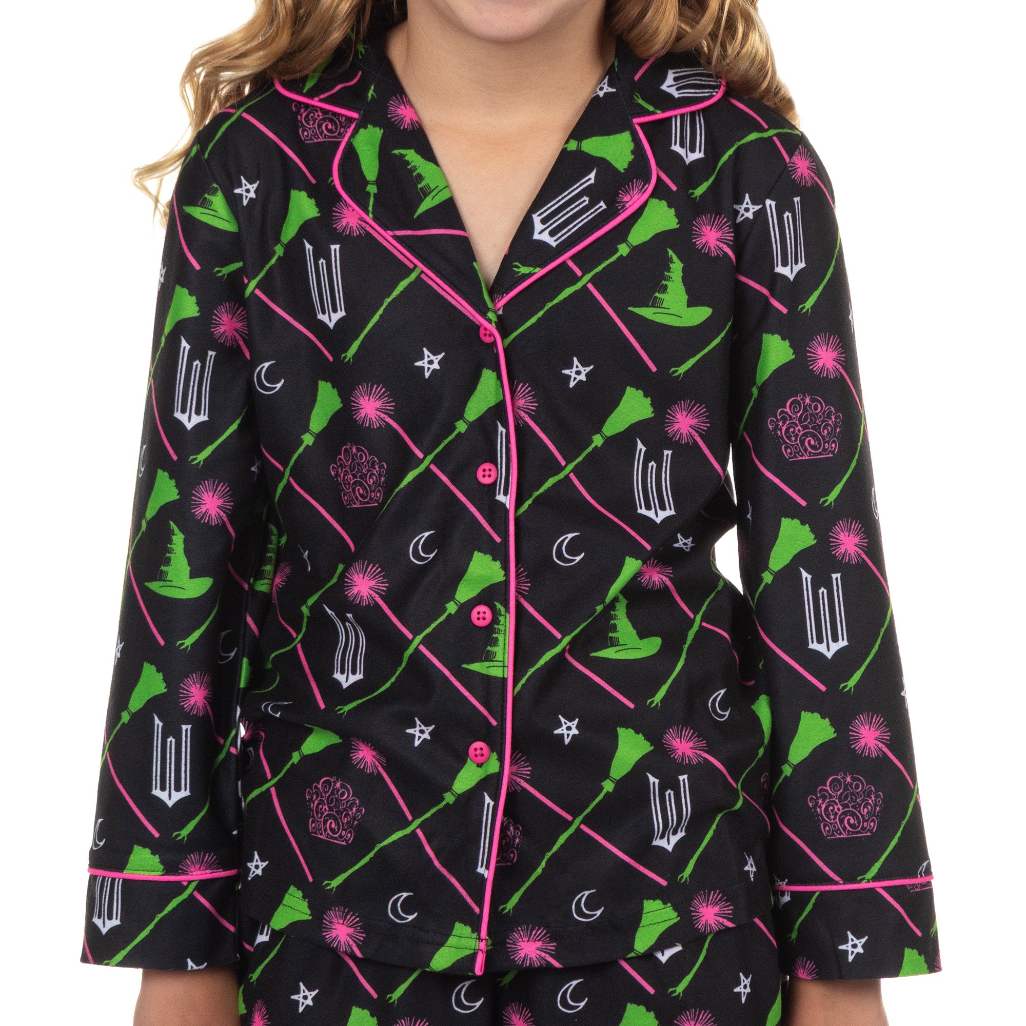 Wicked Pajamas Girls' Elphaba and Glinda Charm Design Long Sleeve Pajama Set