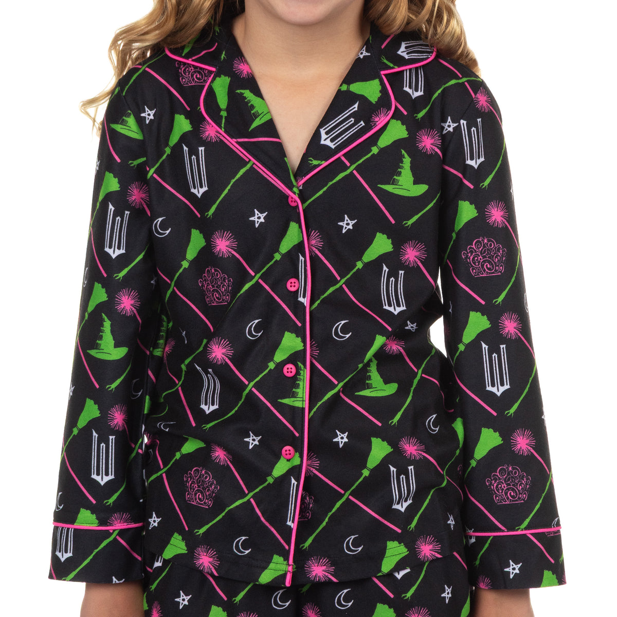 Wicked Pajamas Girls' Elphaba and Glinda Charm Design Long Sleeve Pajama Set