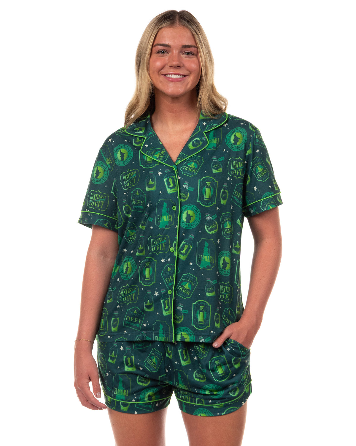 Wicked Pajamas Women's Elphaba Defy Notch Collar Top and Short 2 Piece Set