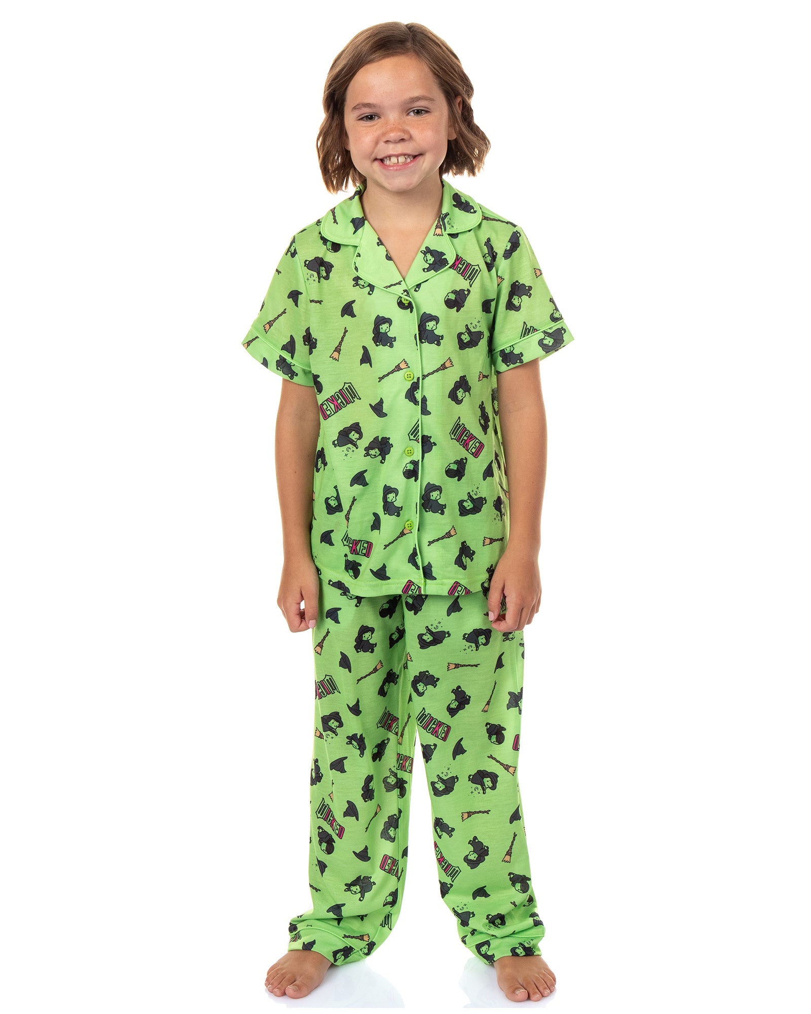 Wicked Girls’ Elphaba Pajamas Chibi Broom Hat Button-Up Shirt Pajama Set for Kids