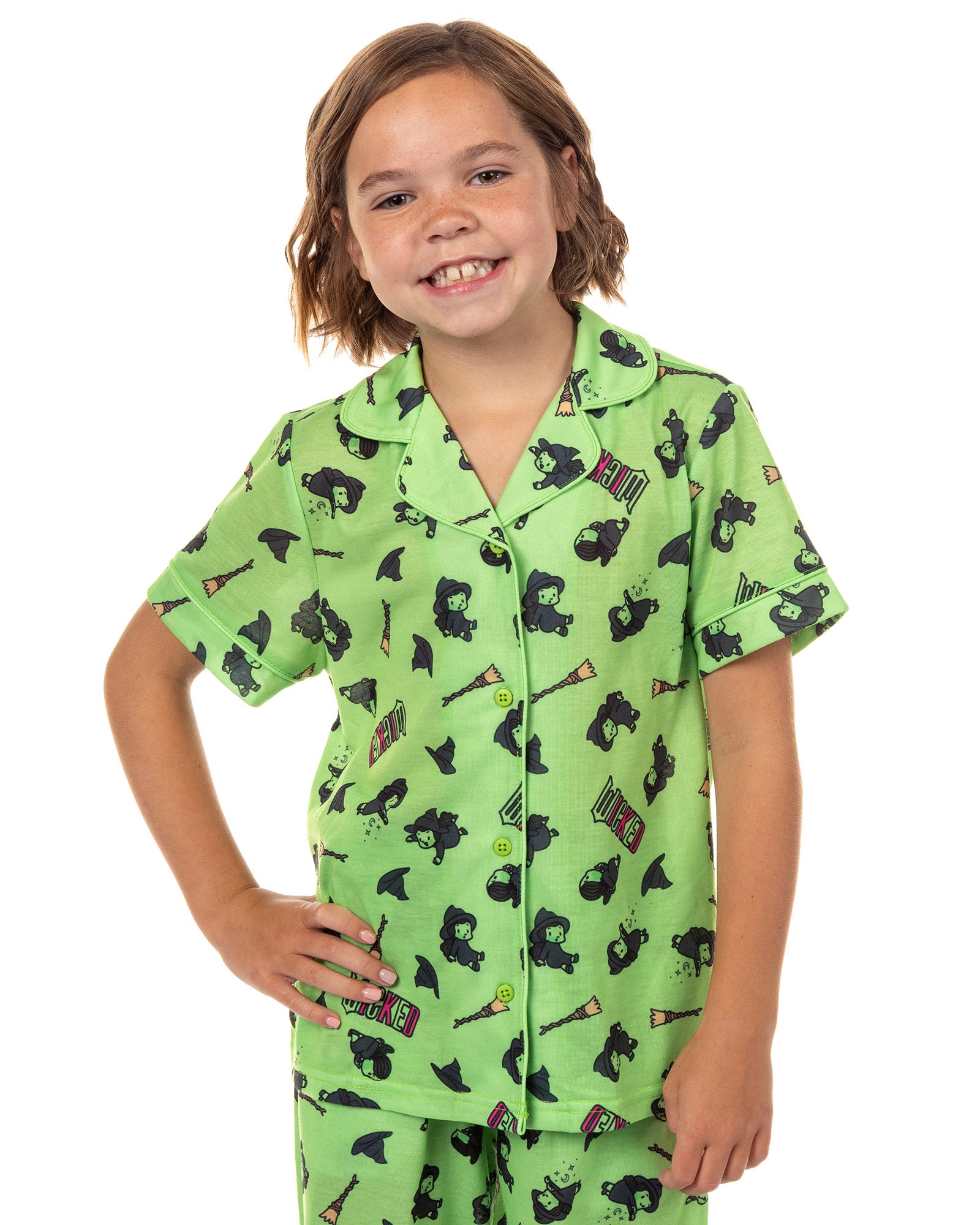 Wicked Girls’ Elphaba Pajamas Chibi Broom Hat Button-Up Shirt Pajama Set for Kids