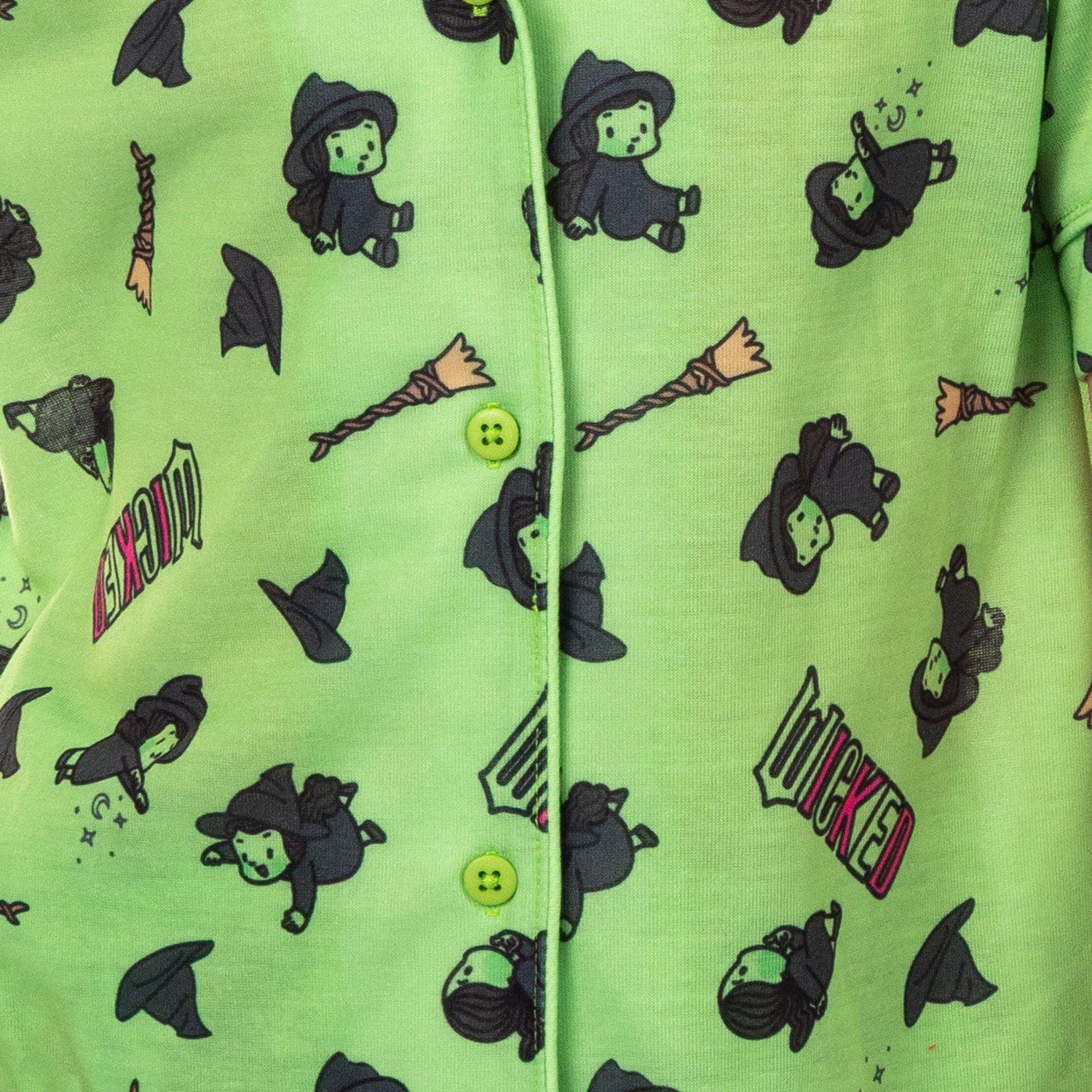 Wicked Girls’ Elphaba Pajamas Chibi Broom Hat Button-Up Shirt Pajama Set for Kids