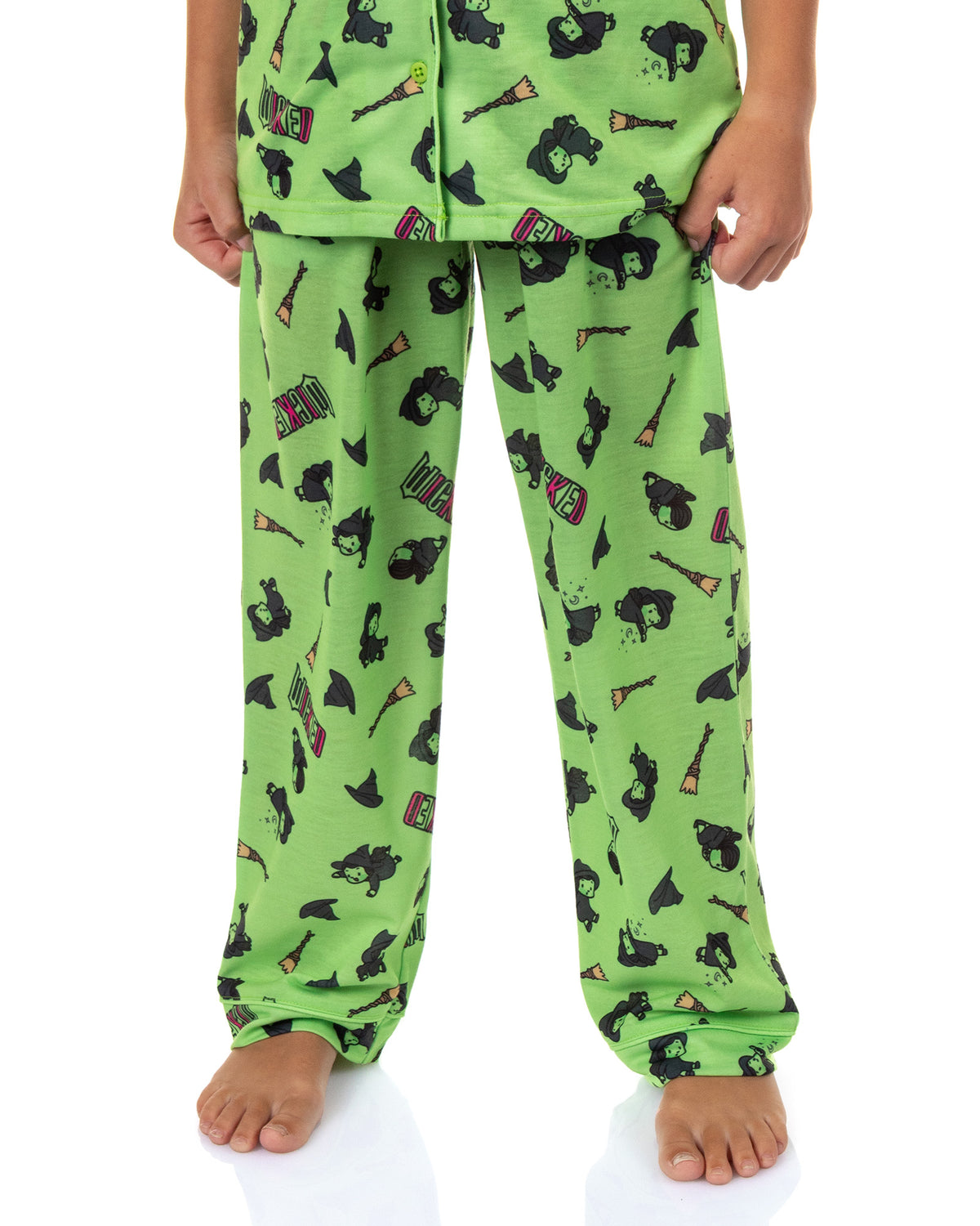 Wicked Girls’ Elphaba Pajamas Chibi Broom Hat Button-Up Shirt Pajama Set for Kids