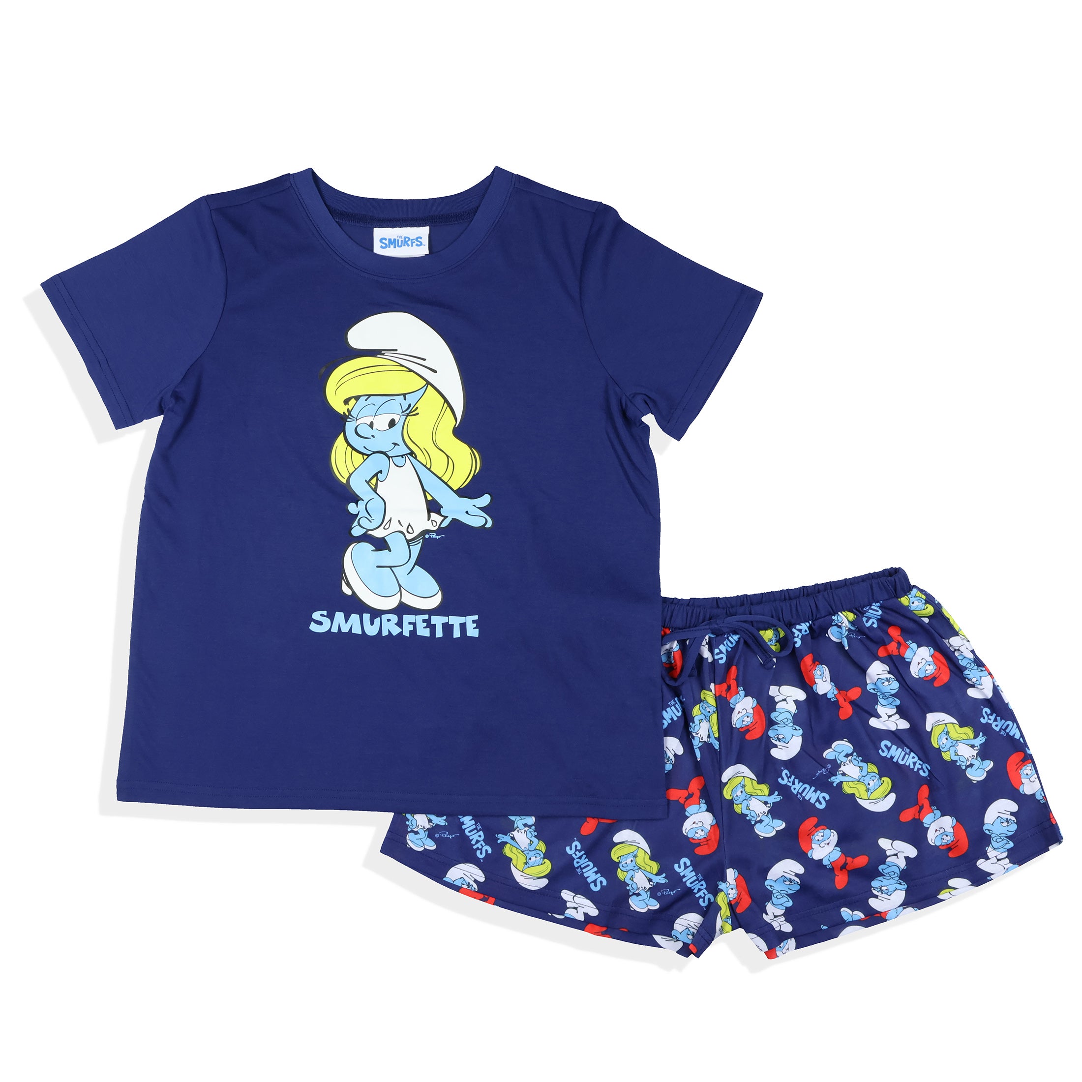The Smurfs 2 Piece Pajama Set Women's Smurfette Short Sleeve and Shorts