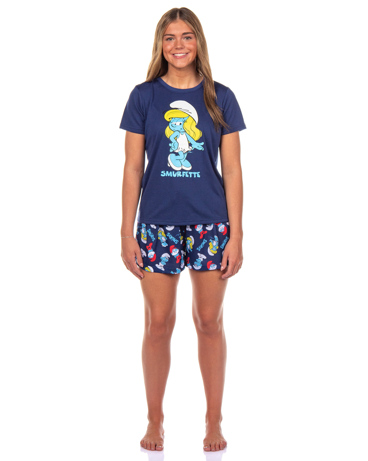 The Smurfs 2 Piece Pajama Set Women's Smurfette Short Sleeve and Shorts