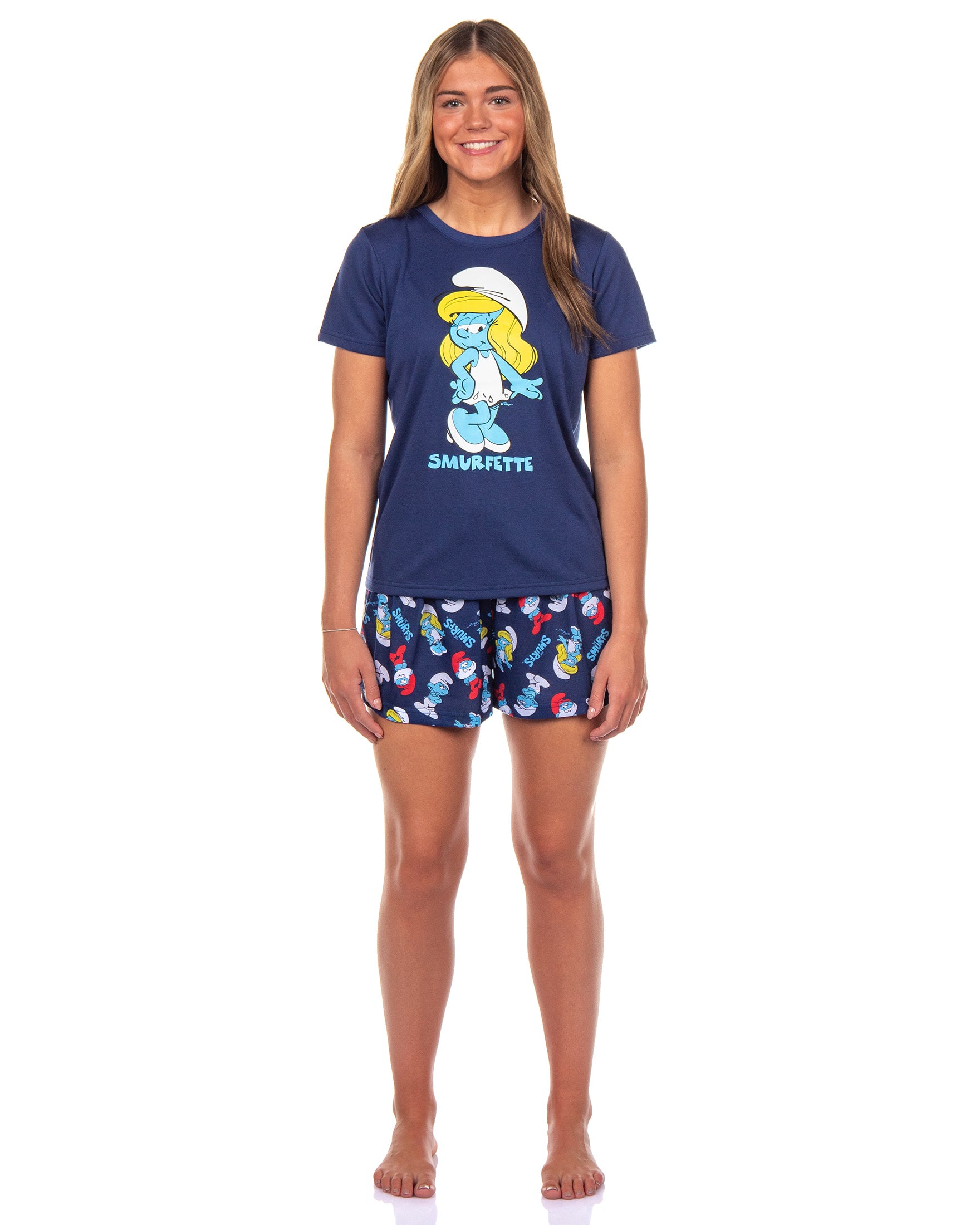The Smurfs 2 Piece Pajama Set Women's Smurfette Short Sleeve and Shorts