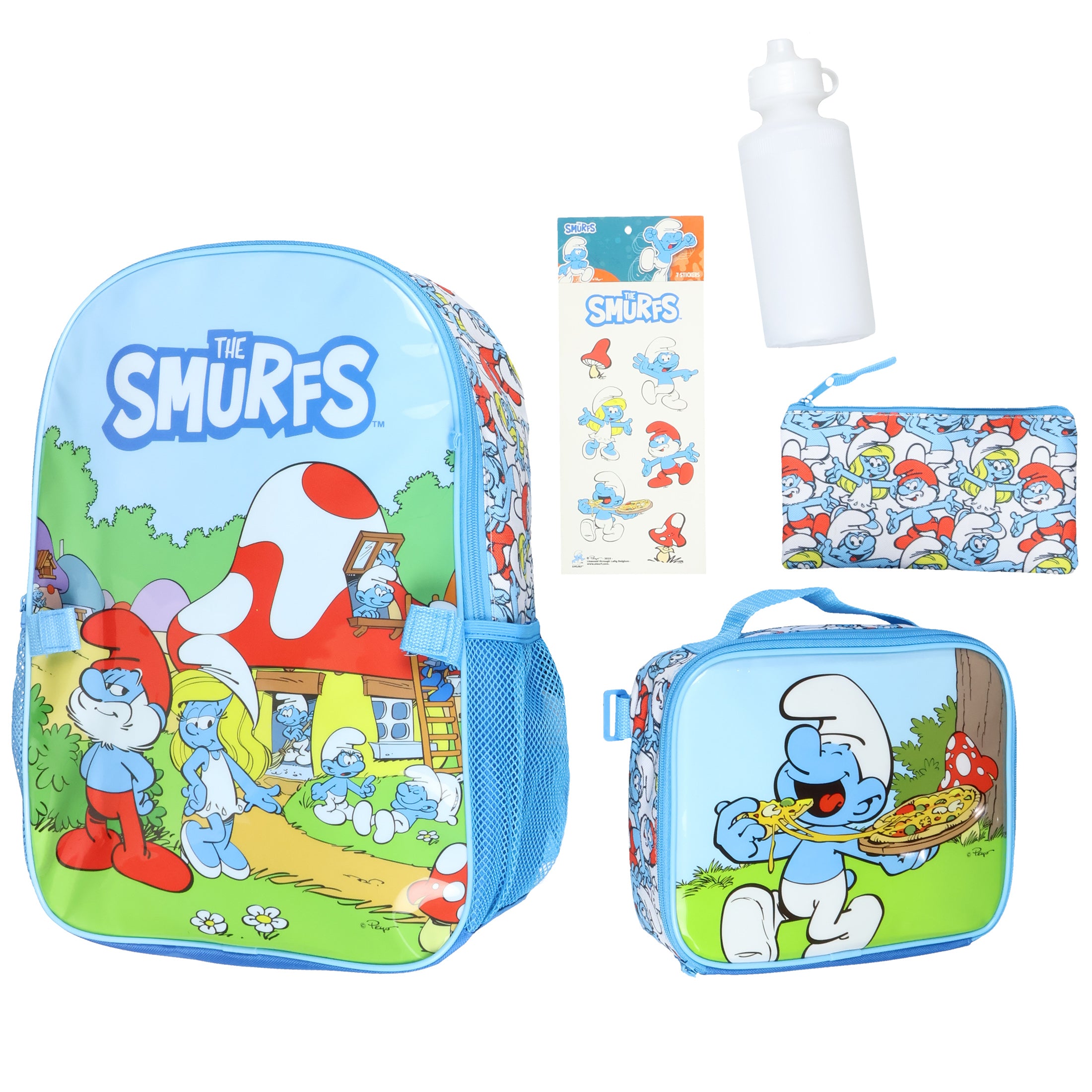 The Smurfs Backpack 5-Piece Mega Set Travel Daypack Bag with Lunch Box