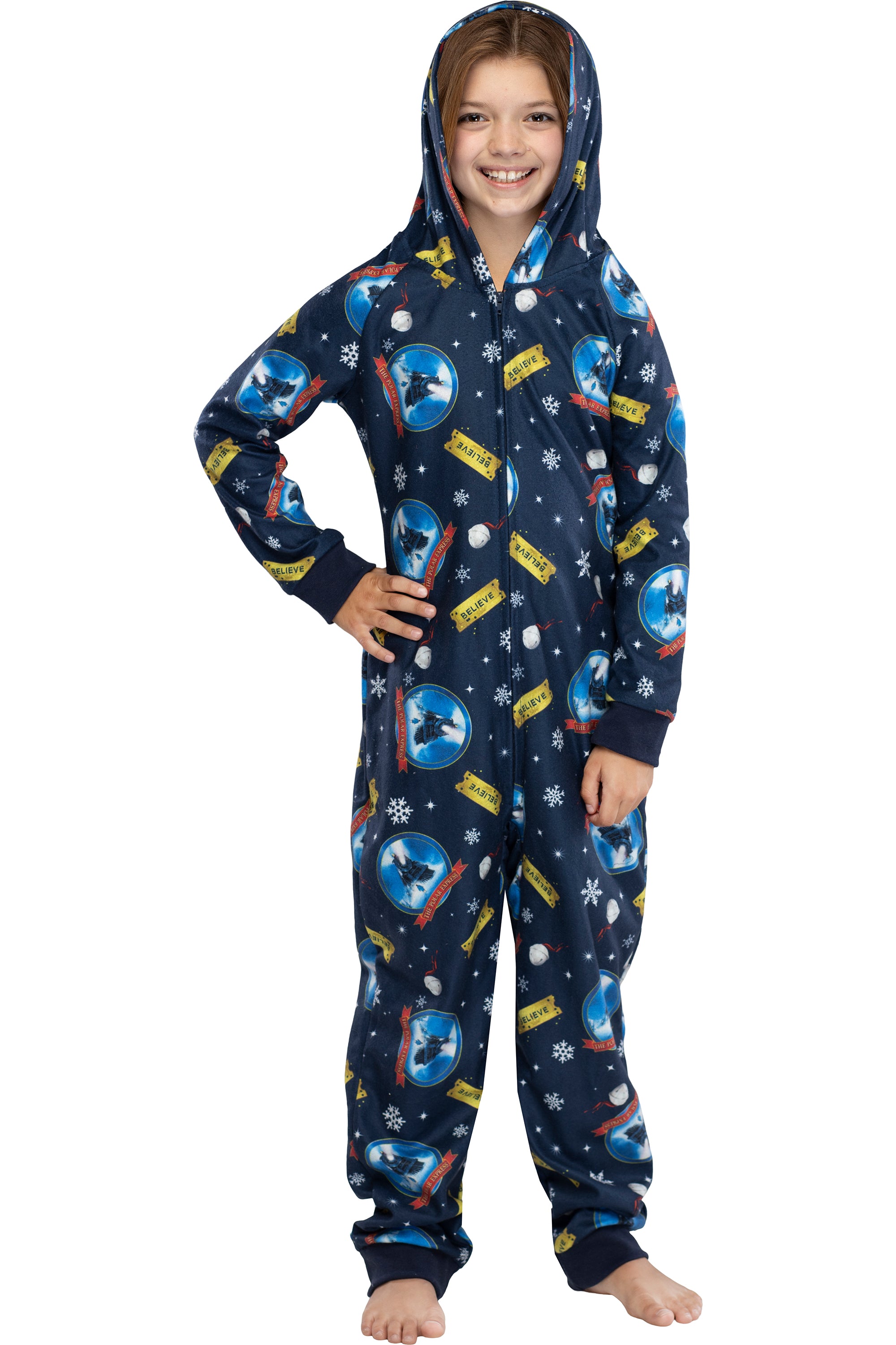 The Polar Express Big Kids Believe Hooded One-Piece Footless Sleeper Union Suit S/M
